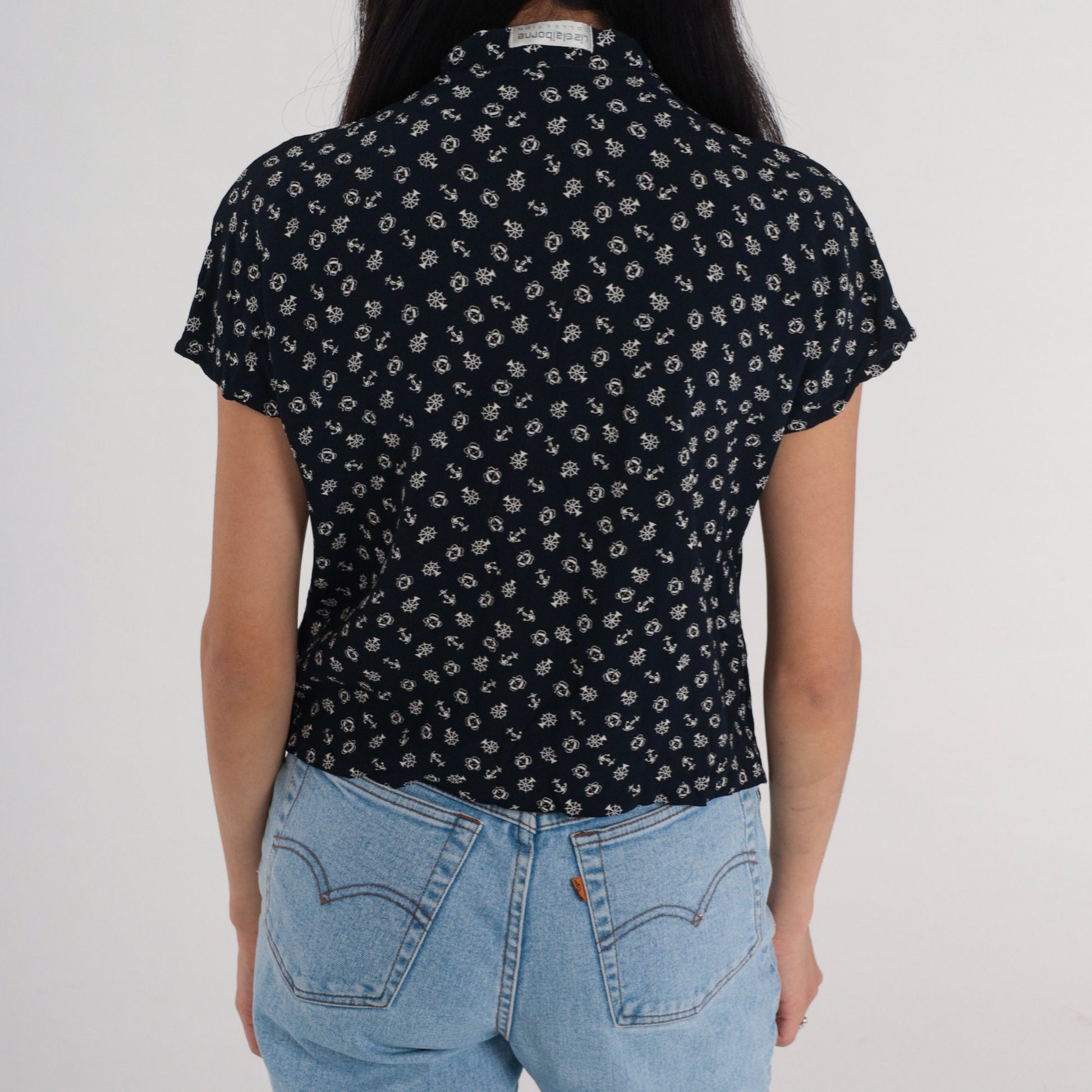 90s Liz Claiborne Nautical Button Up Blouse Navy Anchor Print Small