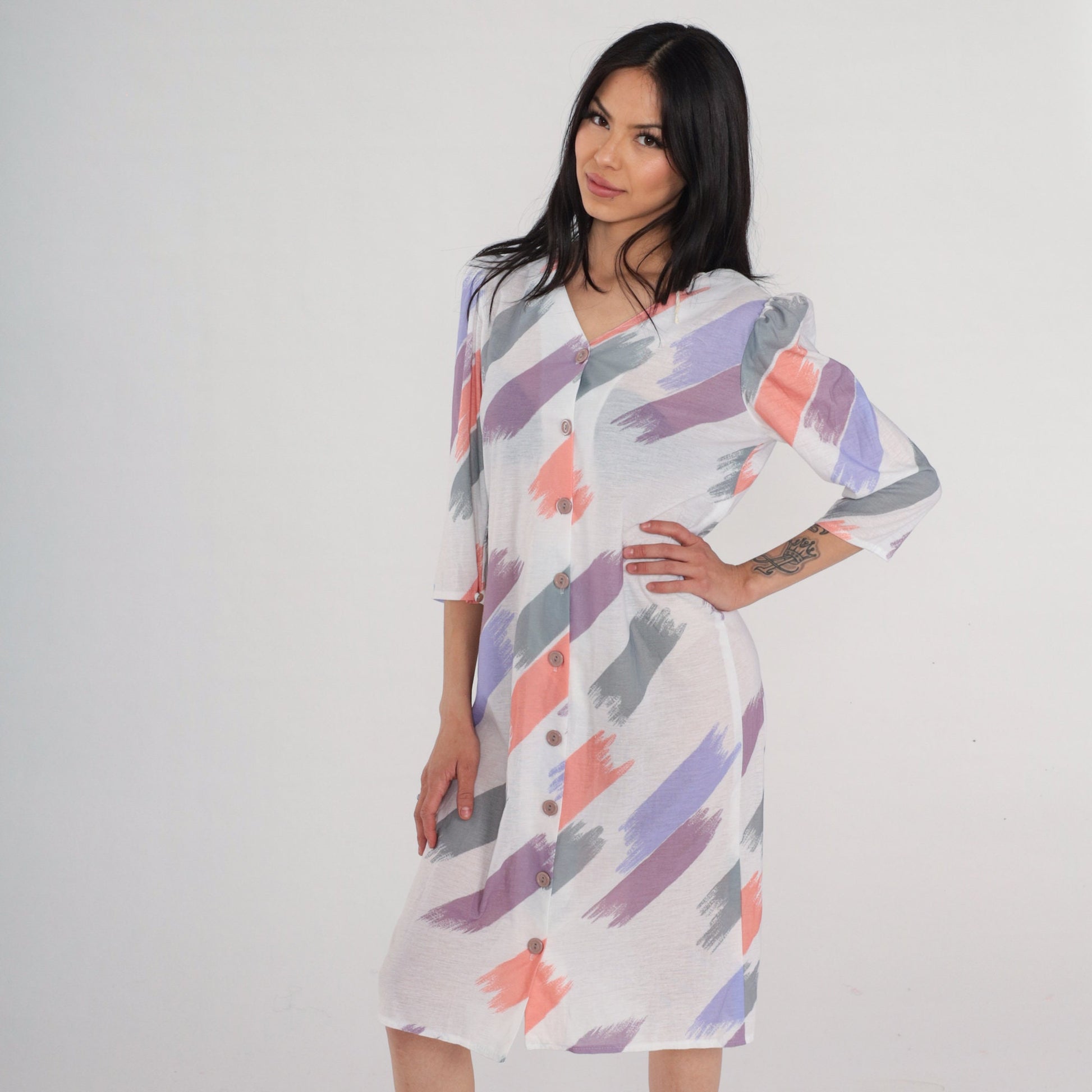 80s Brushstroke Print Shirt Dress Puff Sleeve Button-Up Knee-Length White Small S