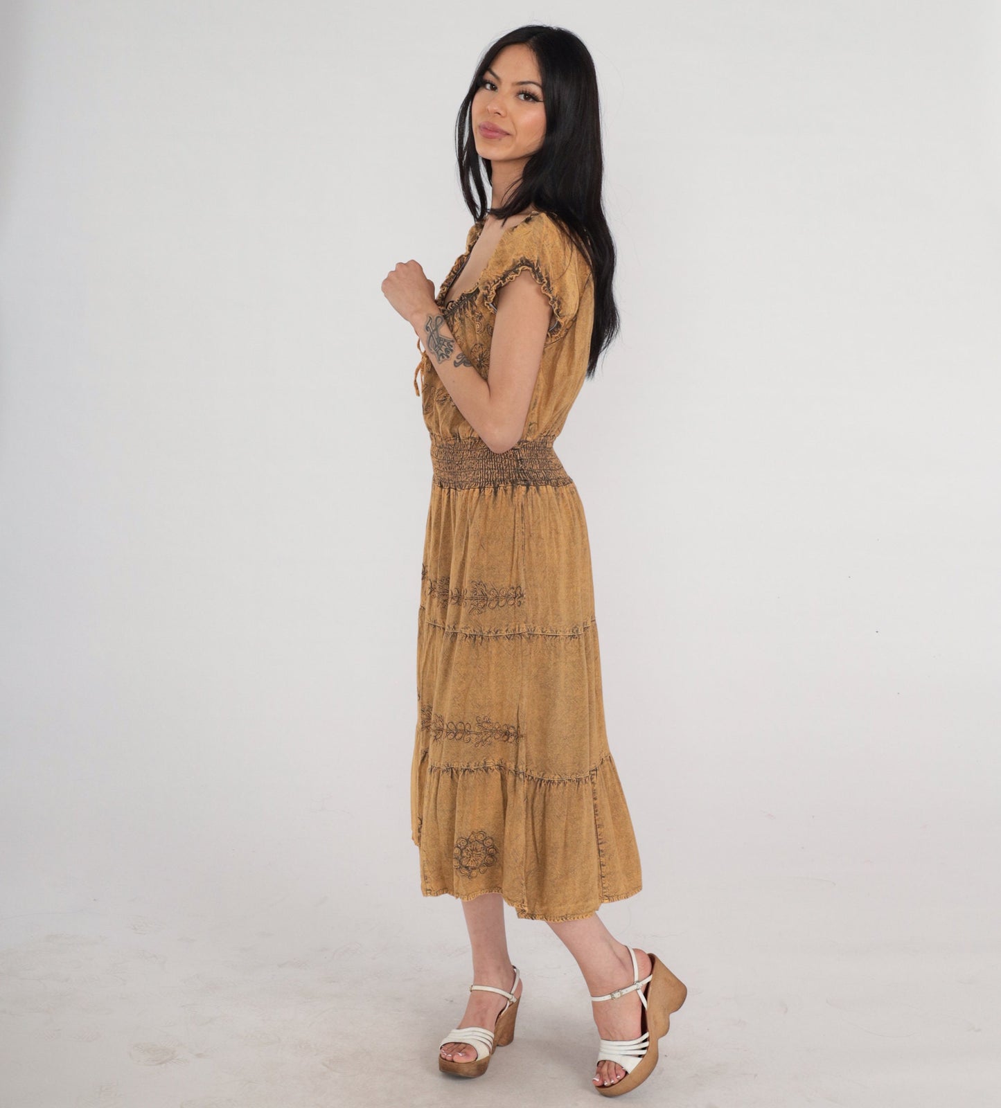 90s Indian Embroidered Floral Midi Dress Brown Cap Sleeve Medium Large