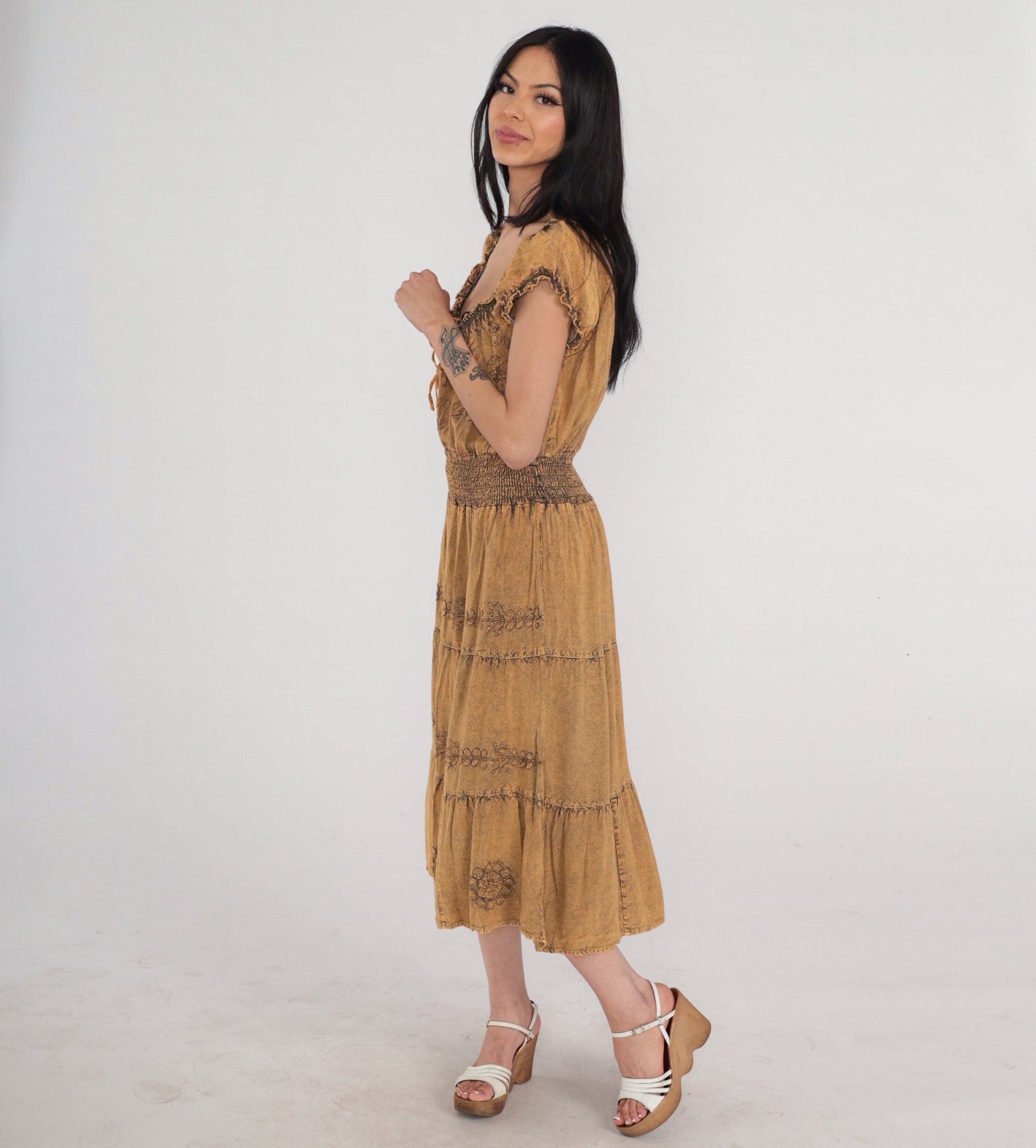 90s Indian Embroidered Floral Midi Dress Brown Cap Sleeve Medium Large
