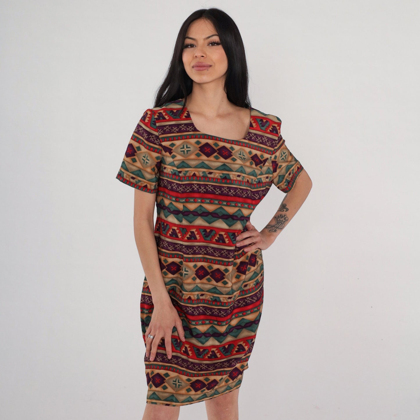 Y2K Geometric Striped Mini Dress Short Sleeve Shift Brown Red Green Large 12