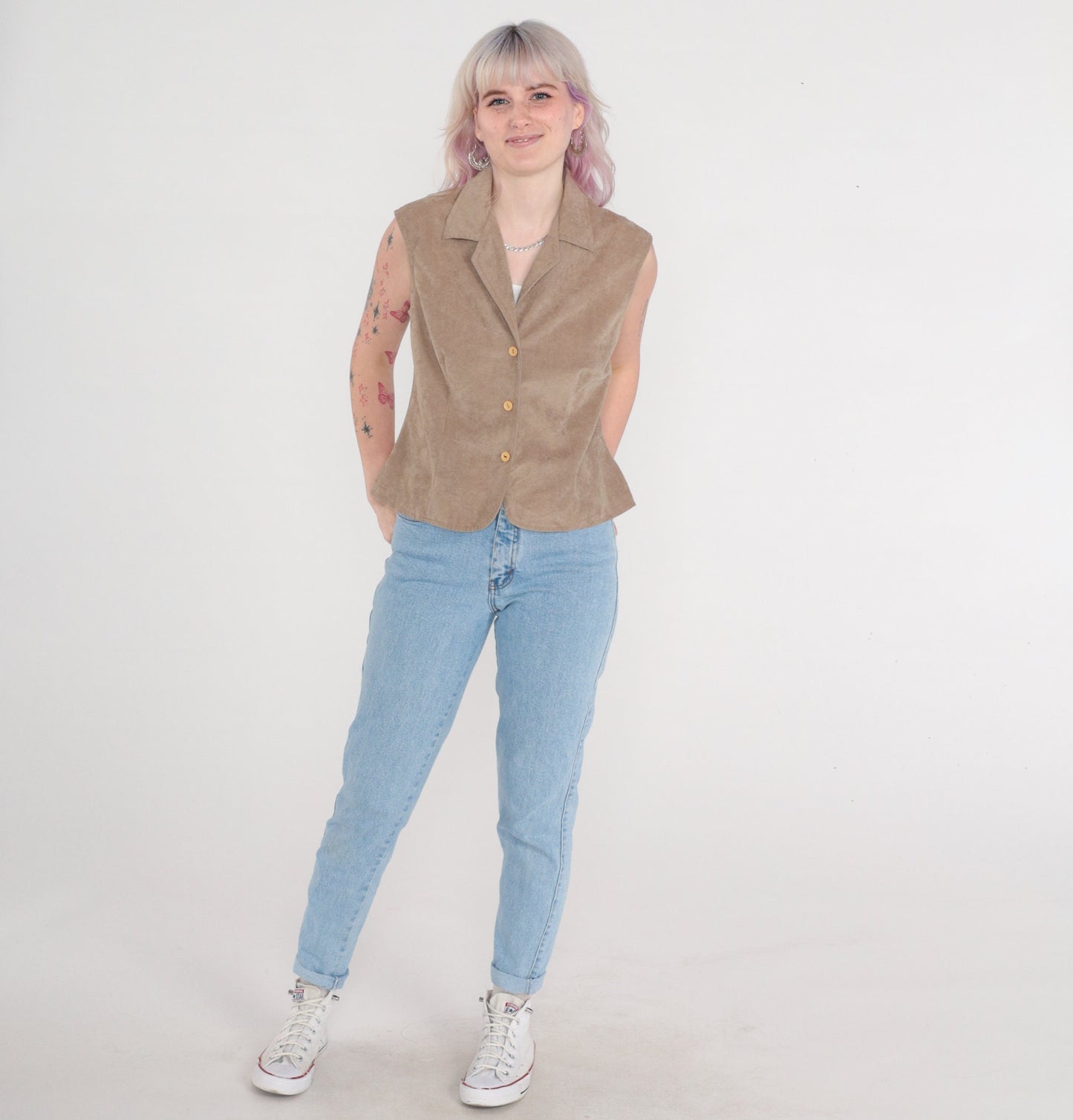 90s Taupe Faux Suede Button-Up Tank Top Sleeveless Collared Medium