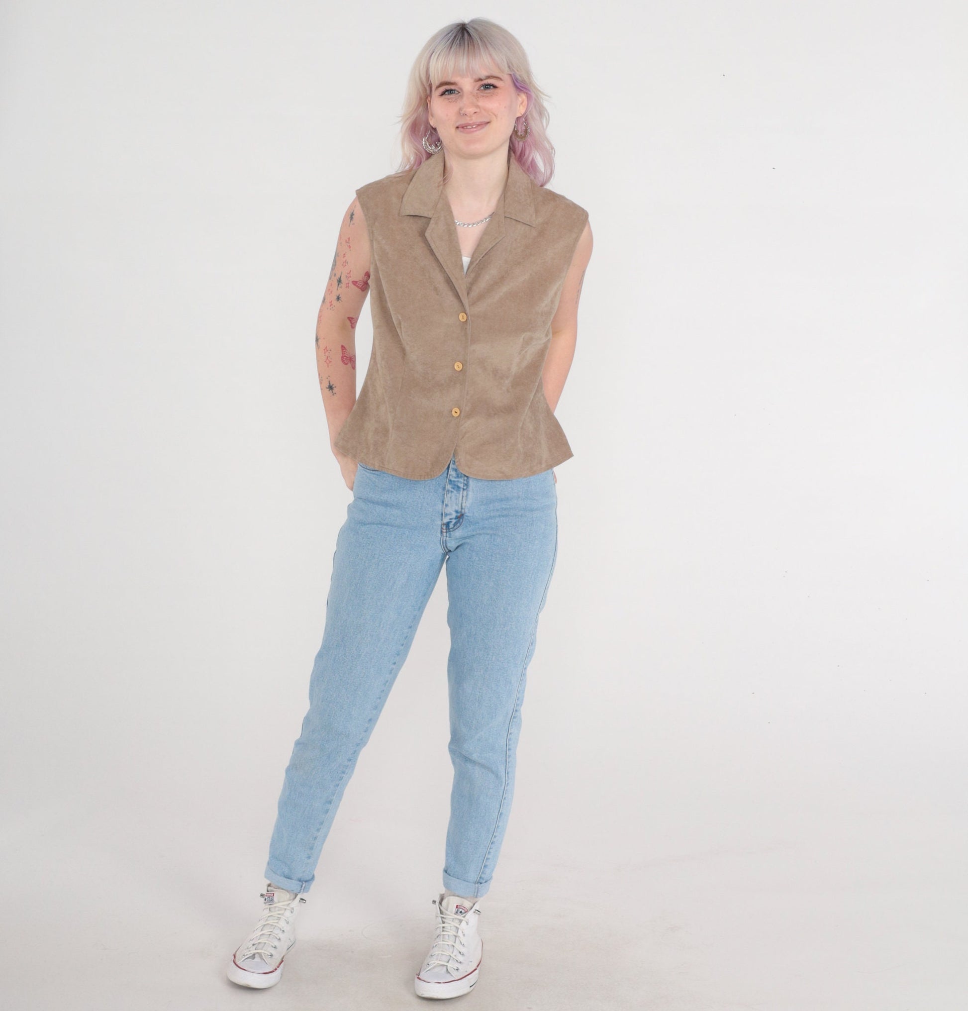 90s Taupe Faux Suede Button-Up Tank Top Sleeveless Collared Medium