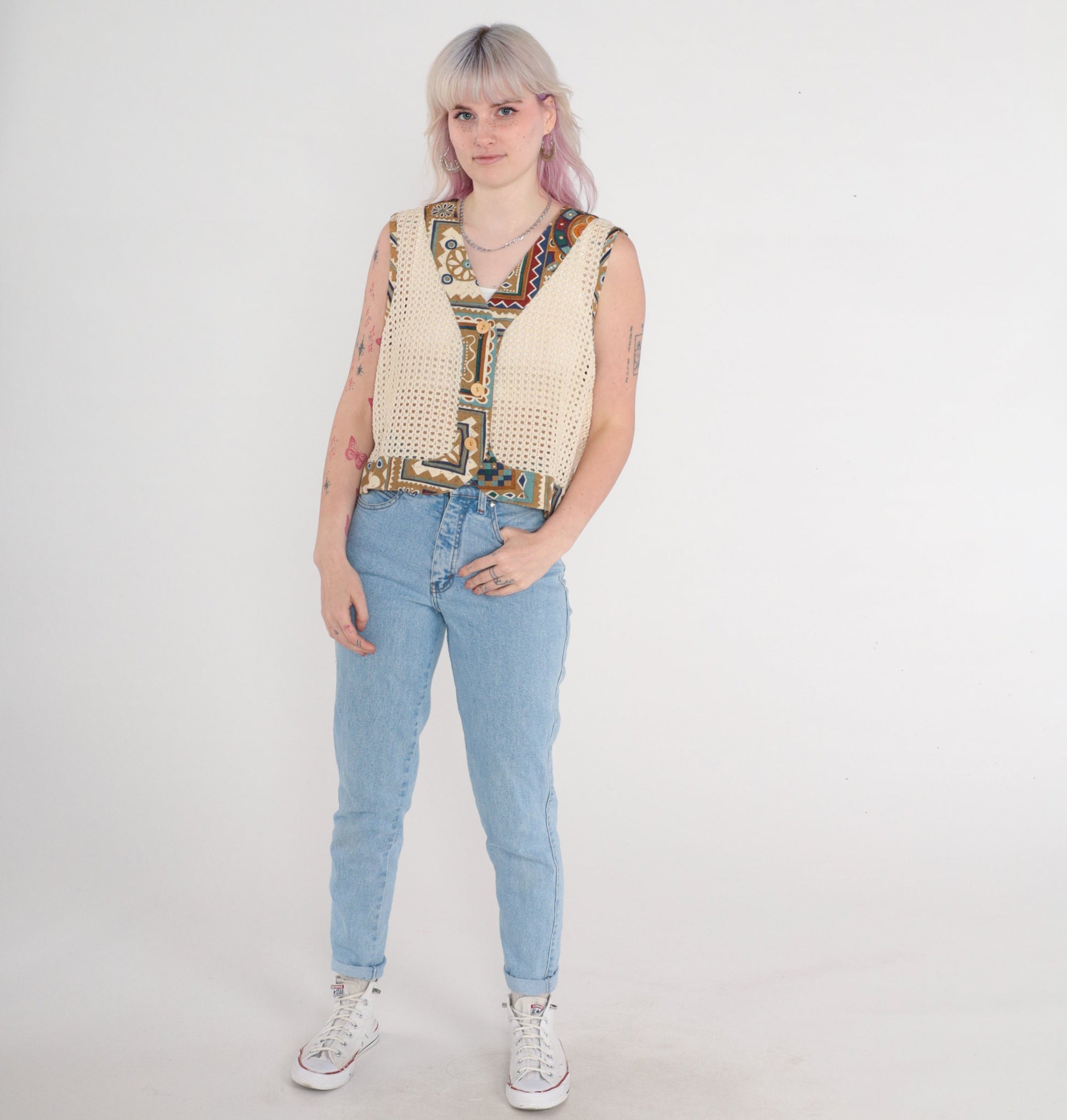 90s Cream Crochet Tank Top Geometric Open Weave Button Front Large L
