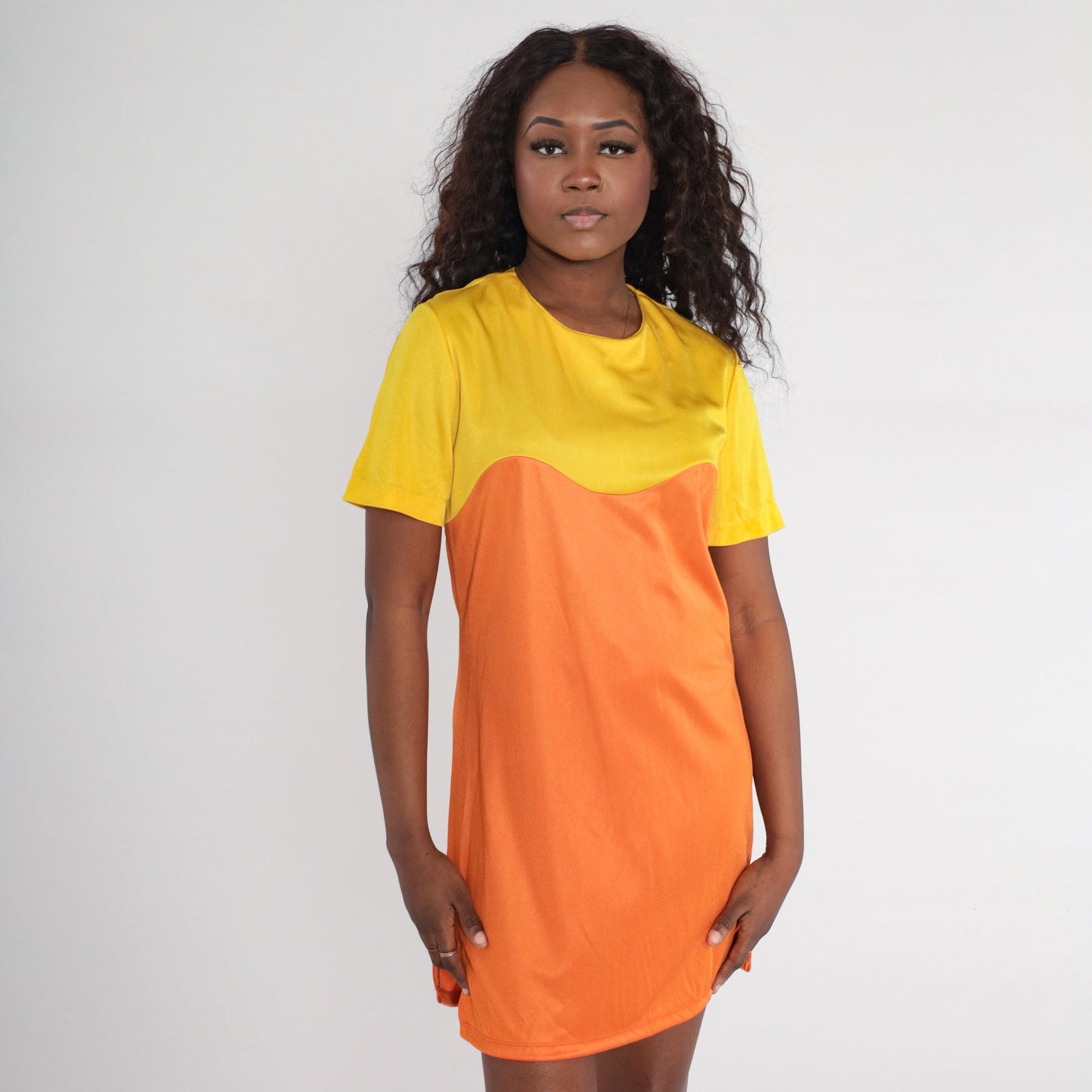 1960s Mod Mini Shift Dress Orange Yellow Colour Block Sleeveless Medium