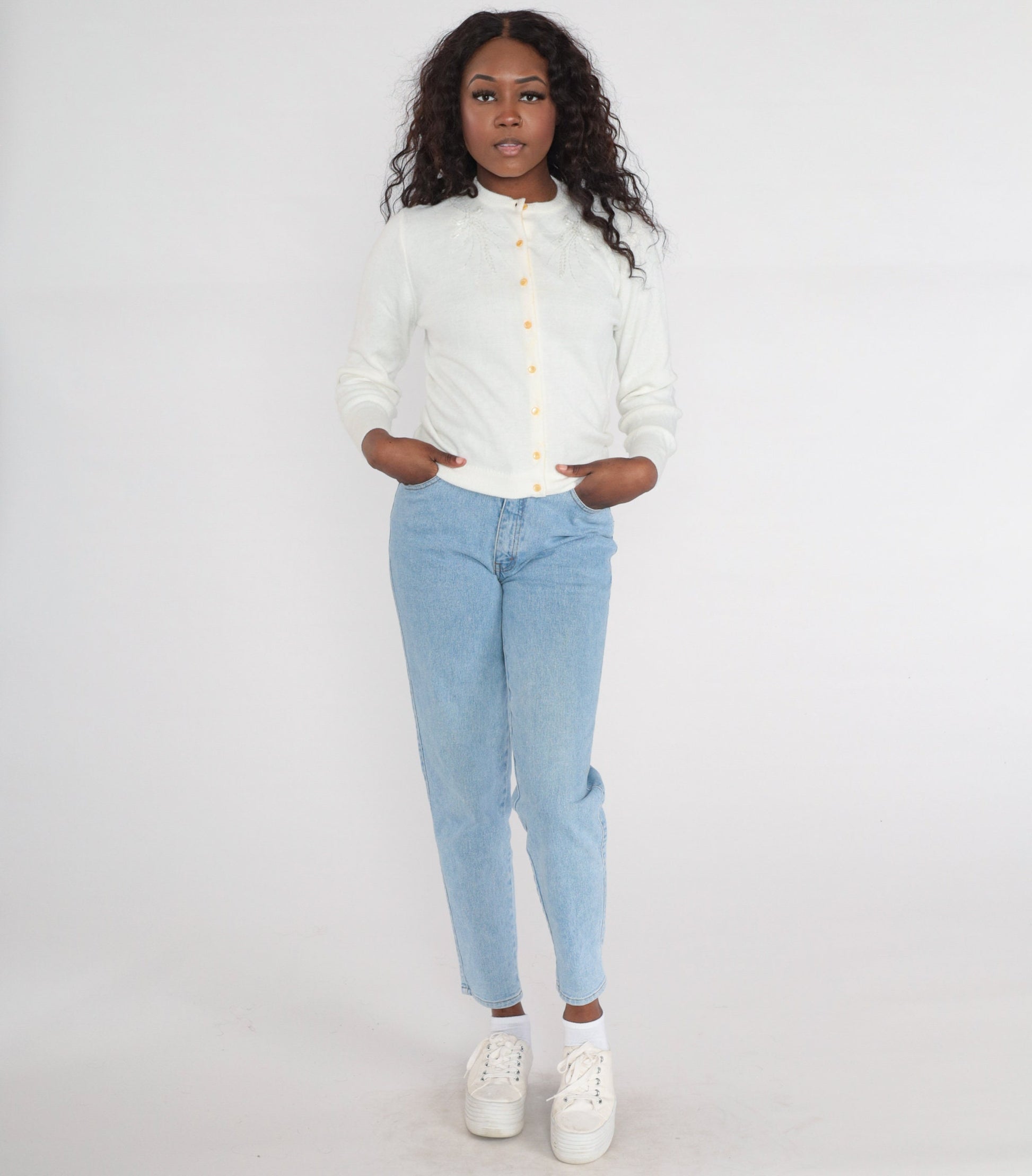 1960s Beaded Cardigan White Button-Up Knit Sweater Small