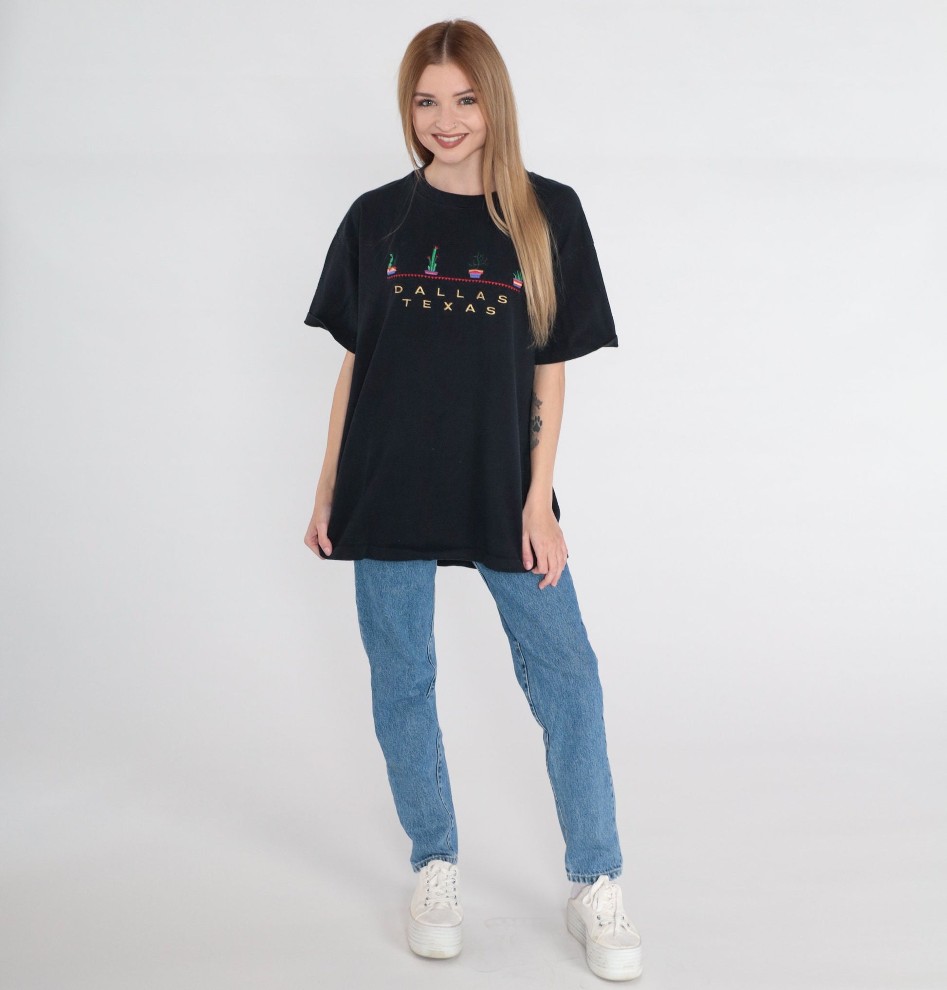 90s Dallas Texas Embroidered Potted Plants T-Shirt Black Cotton Extra Large XL