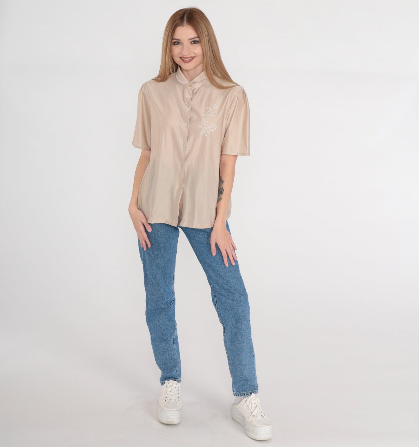 70s Taupe Puff Sleeve Blouse Peter Pan Collar Embroidered Floral Button Up Medium