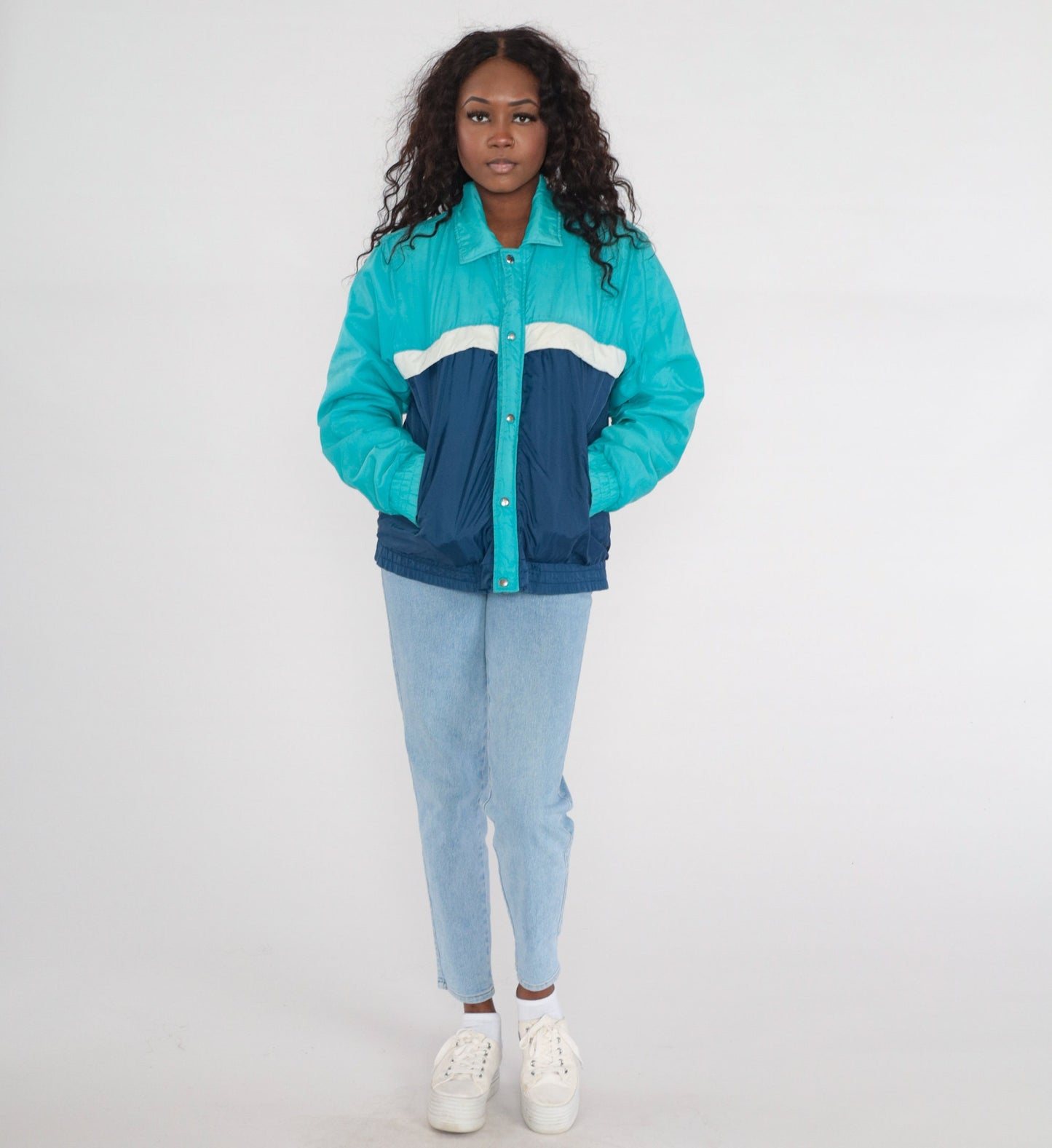 80s Colour Block Ski Jacket Blue Aqua Puffer Zip Coat Men's Medium