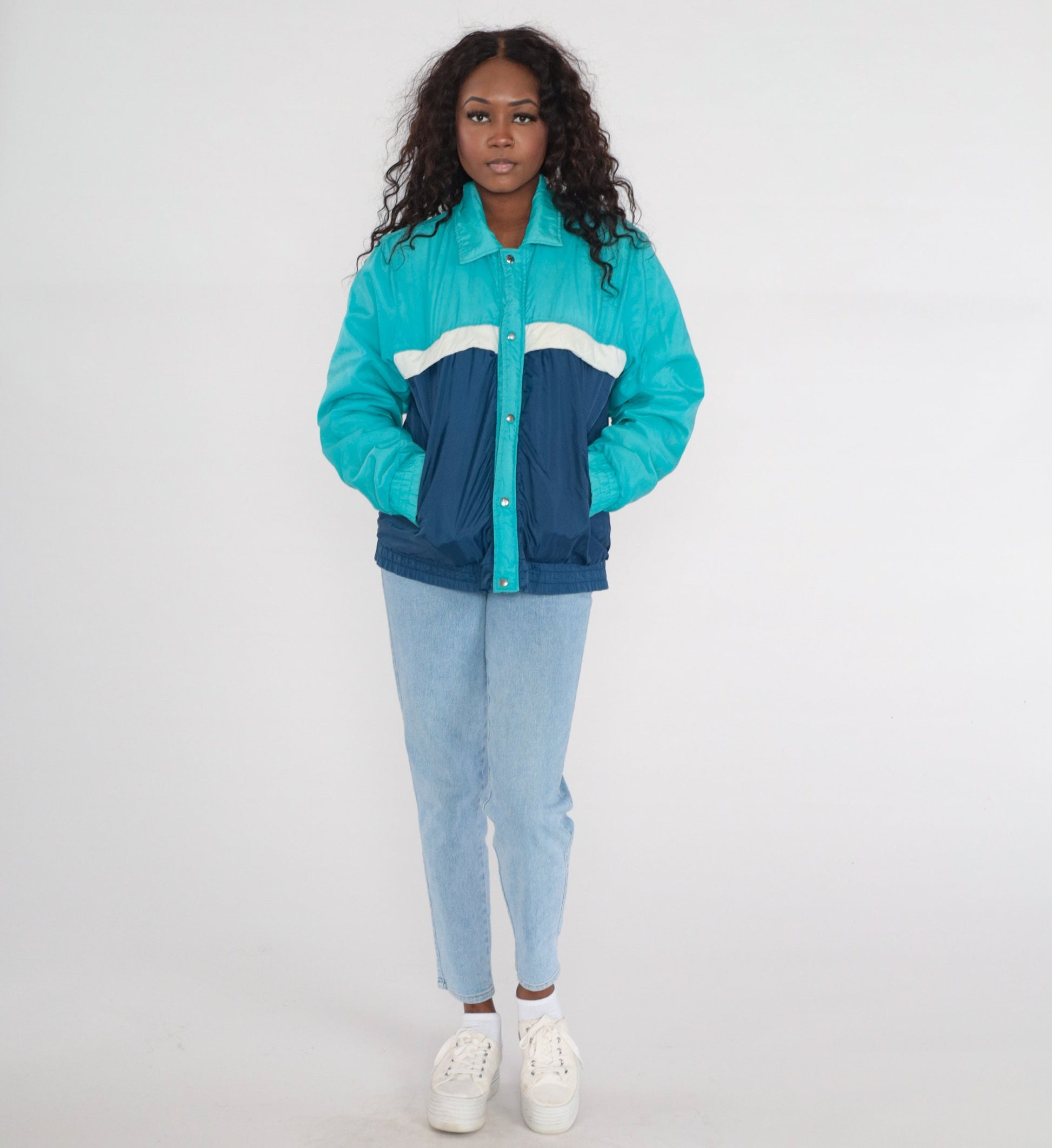 80s Colour Block Ski Jacket Blue Aqua Puffer Zip Coat Men's Medium