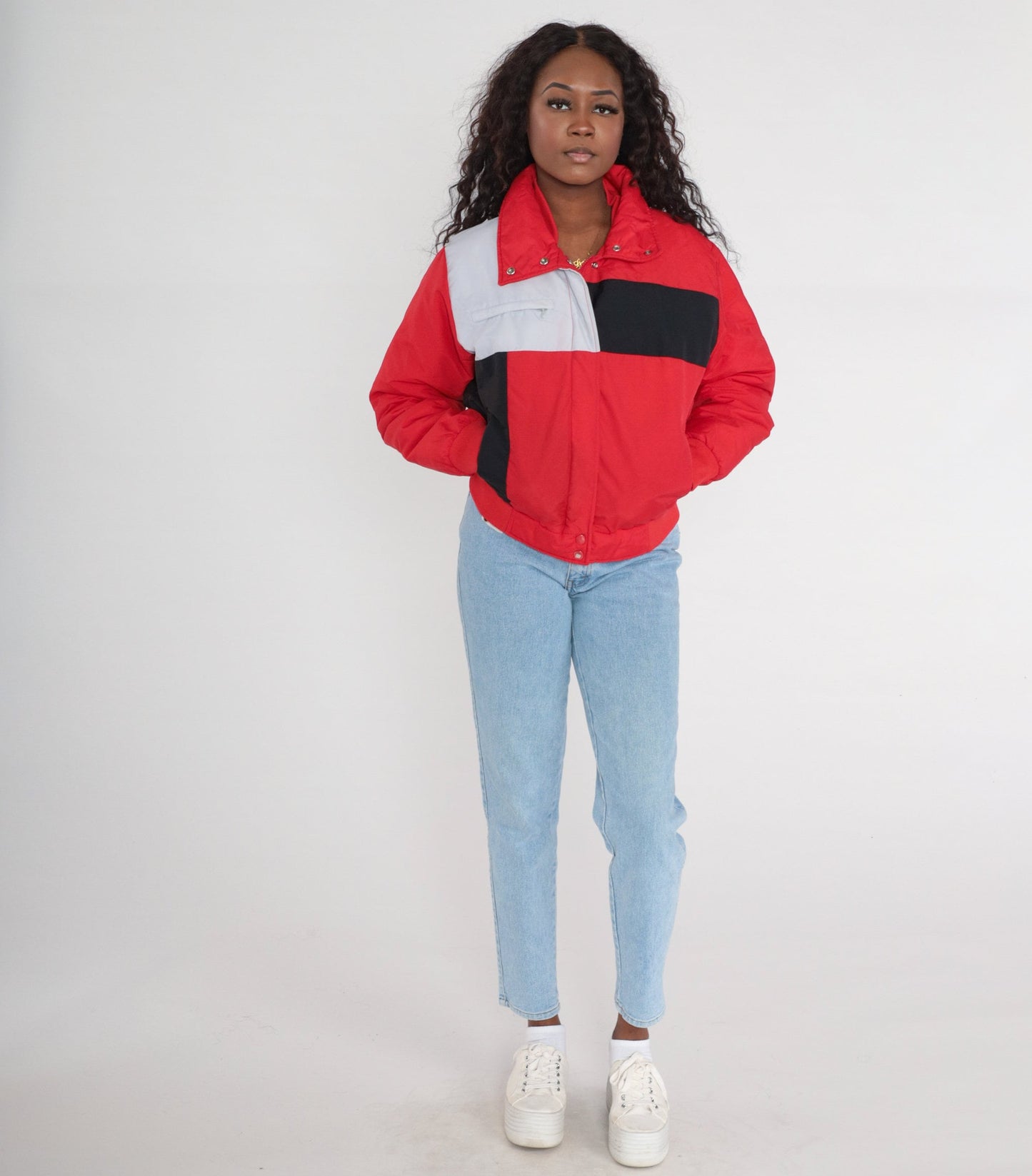 80s Trail Master Color Block Puffer Ski Jacket Red Grey Black Medium