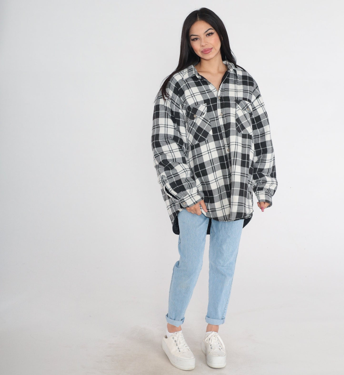 90s Black White Plaid Button Jacket Plus Size XXL