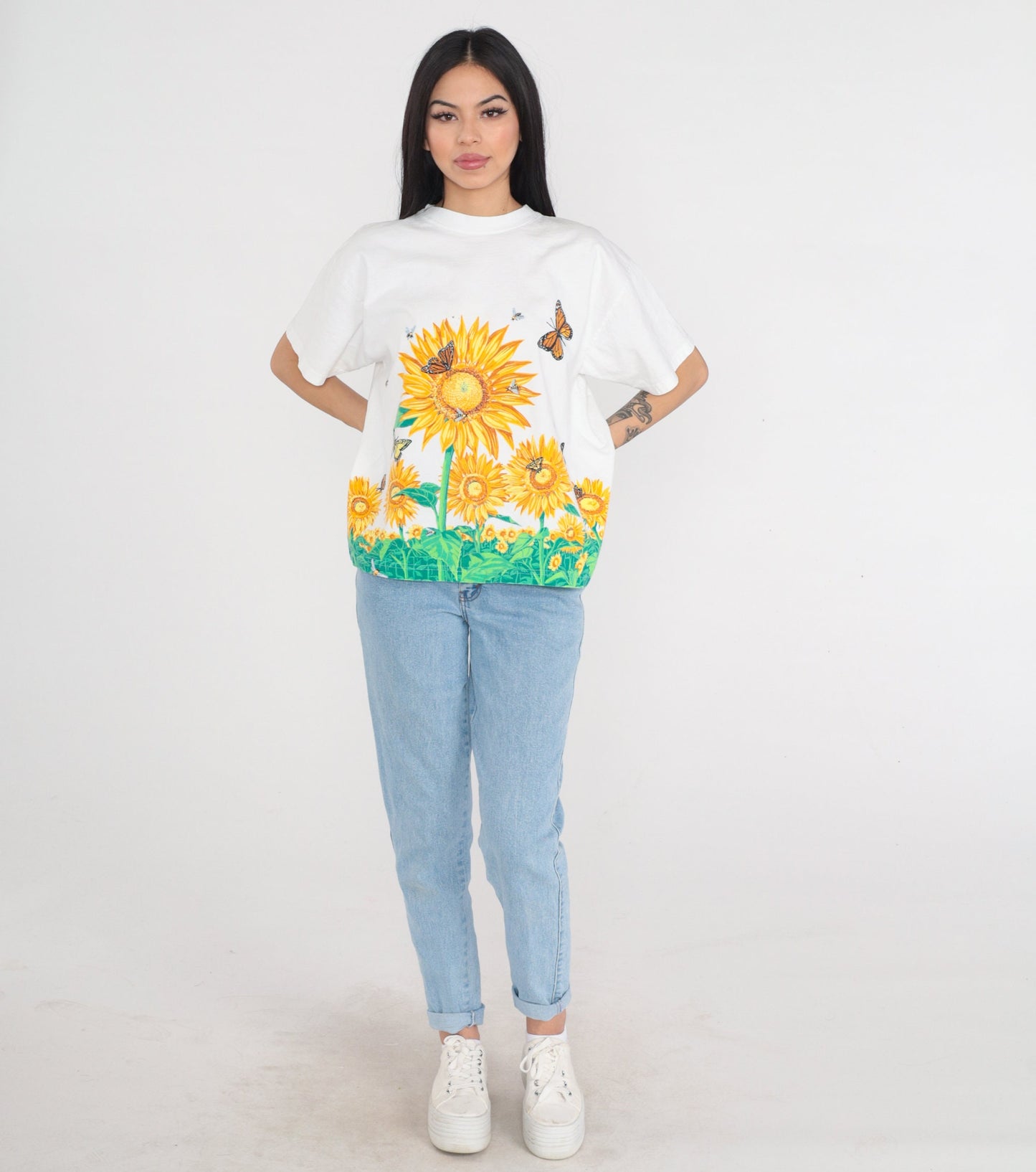 90s Sunflower Bumblebee Butterfly Graphic T-Shirt Cotton Floral Tee Large