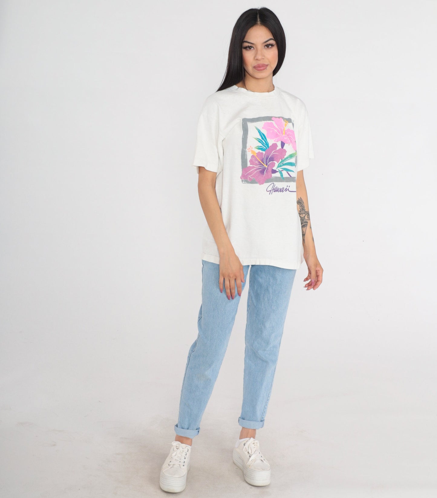 90s Hawaii Hibiscus Flower Graphic T-Shirt White Single Stitch Large