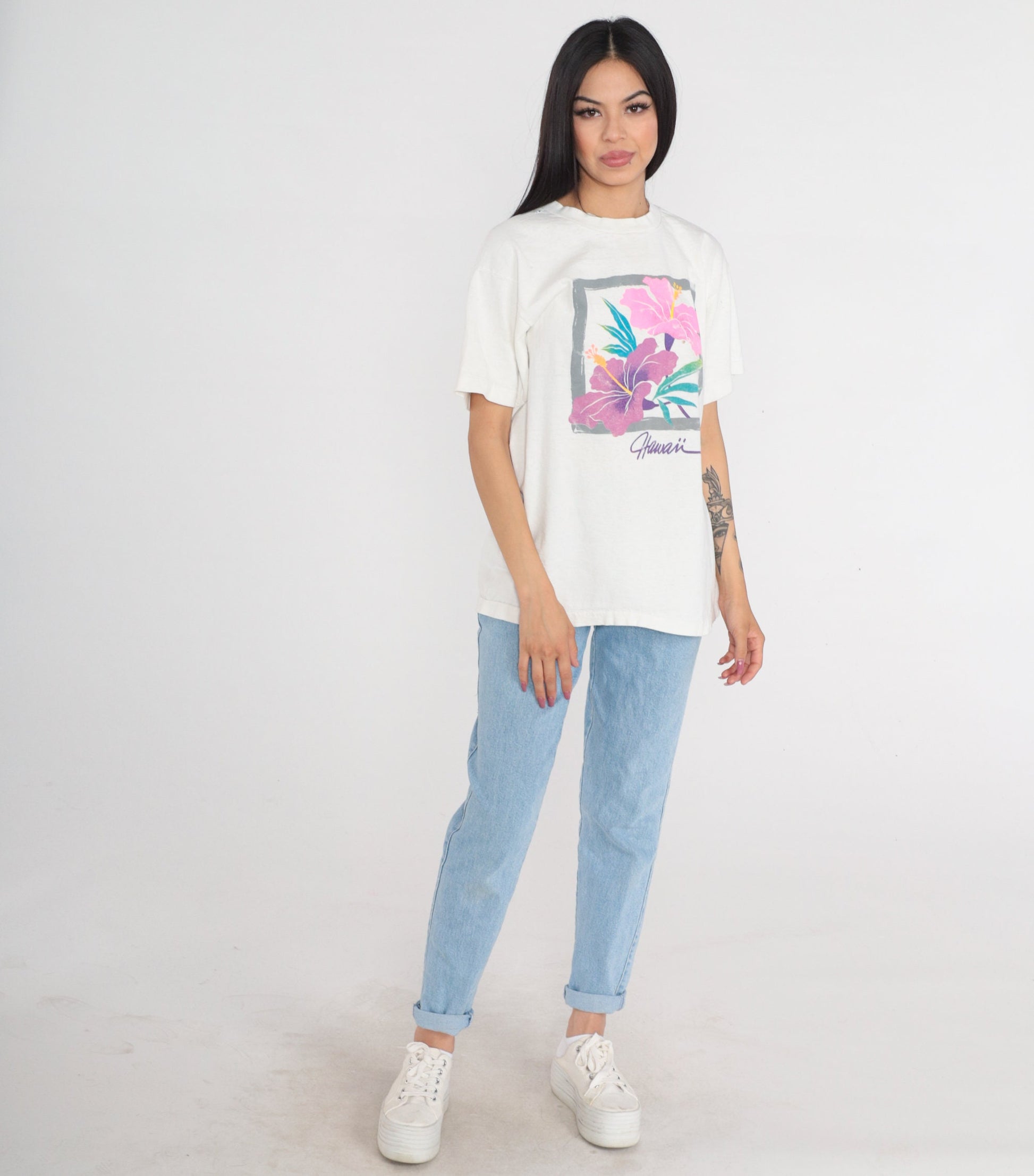 90s Hawaii Hibiscus Flower Graphic T-Shirt White Single Stitch Large