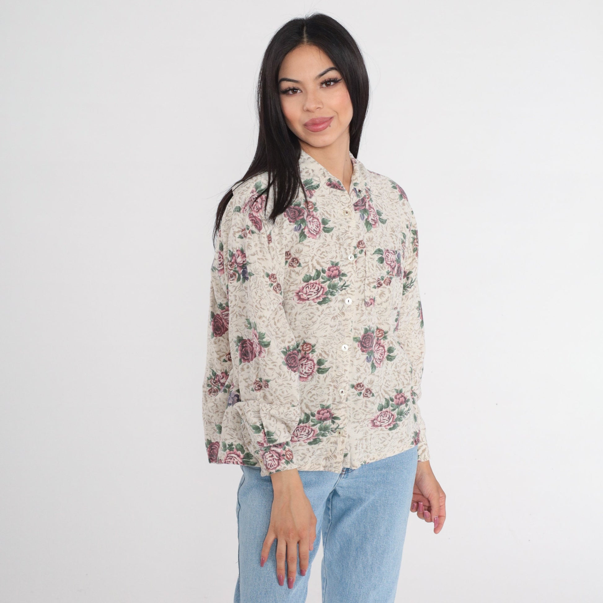 00s Lemon Grass Floral Button-Up Blouse Long Sleeve Collared Shirt Large L