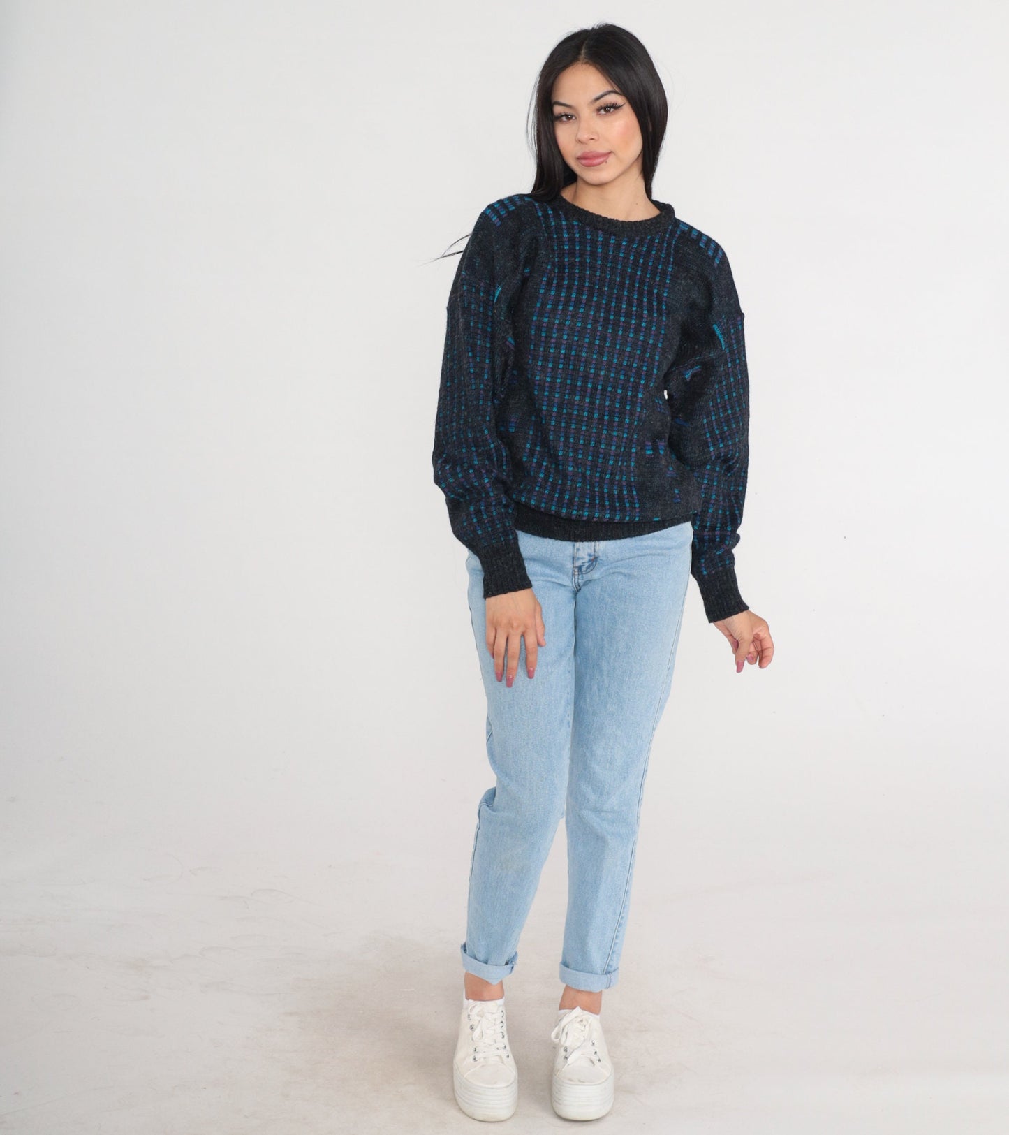 90s Checkered Knit Sweater Dark Grey Blue Purple Pullover Medium M