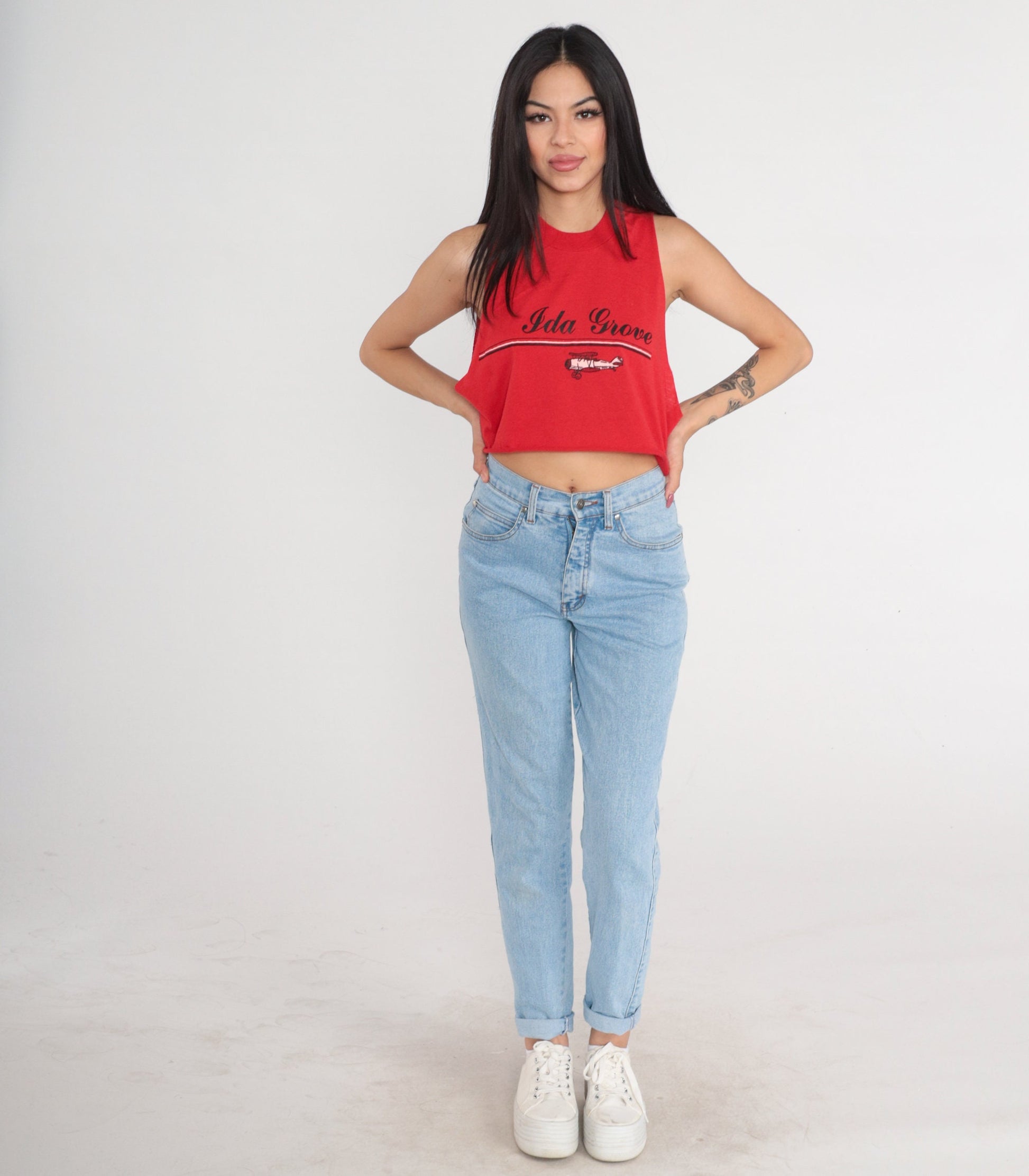 90s Ida Grove Iowa Airplane Graphic Crop Tank Top Red Small
