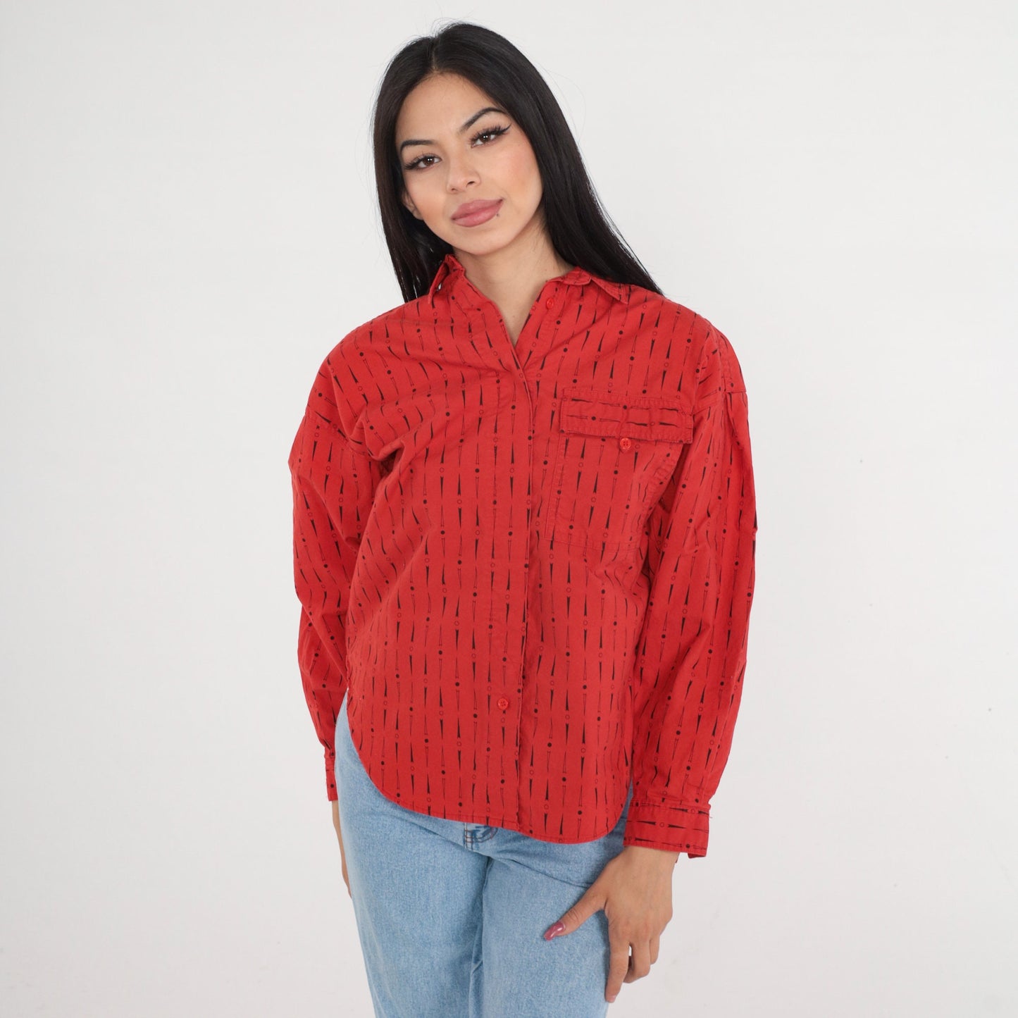 90s Red Cotton Button-Up Shirt Dot Arrow Print Long Sleeve Medium