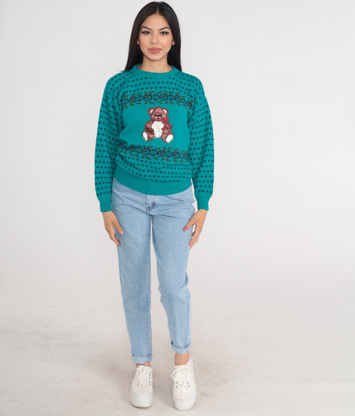 80s Teal Knit Sweater Teddy Bear Floral Hearts Pullover Small
