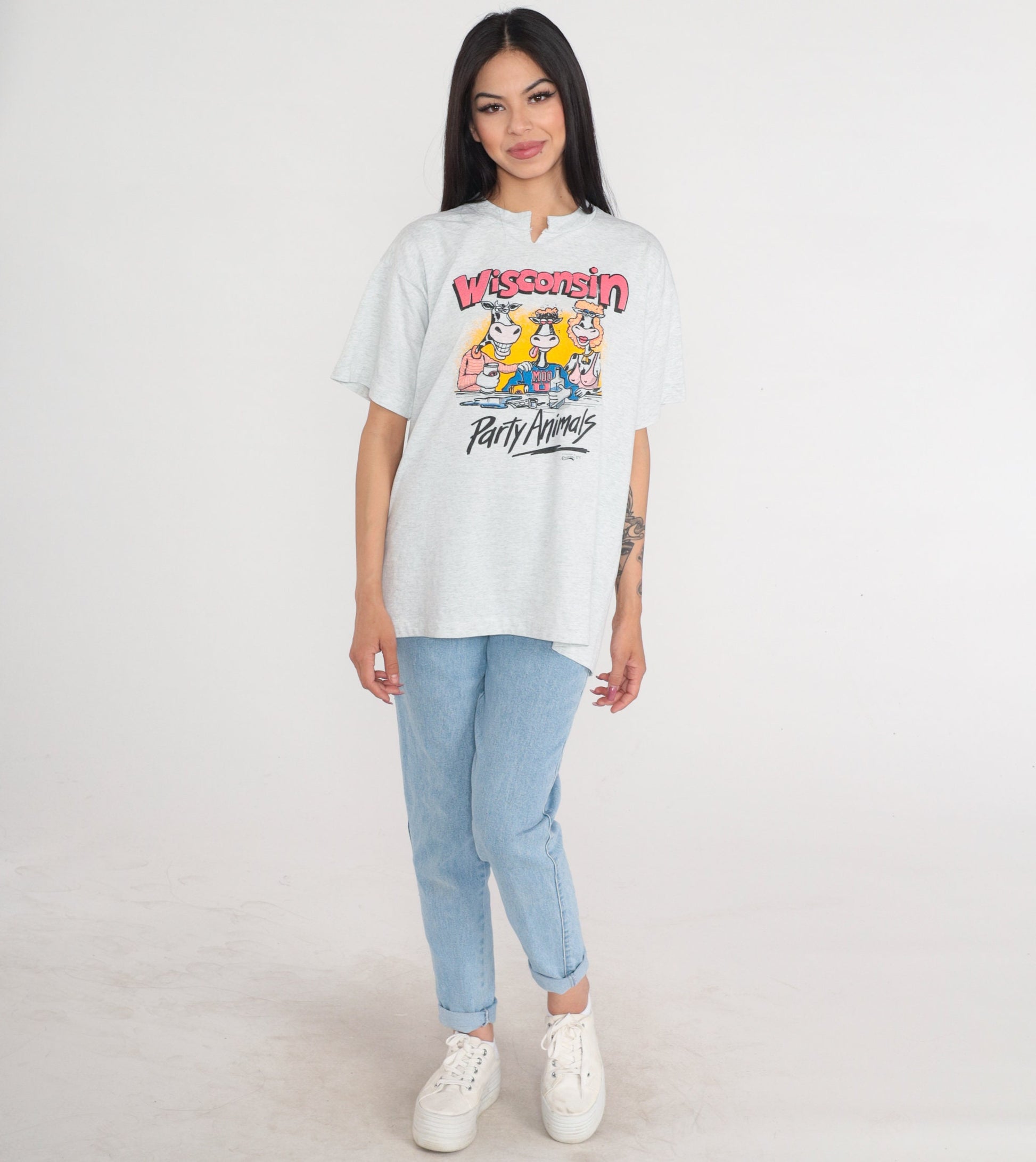 90s Wisconsin Party Animals Cow Graphic T-Shirt White Single Stitch Extra Large