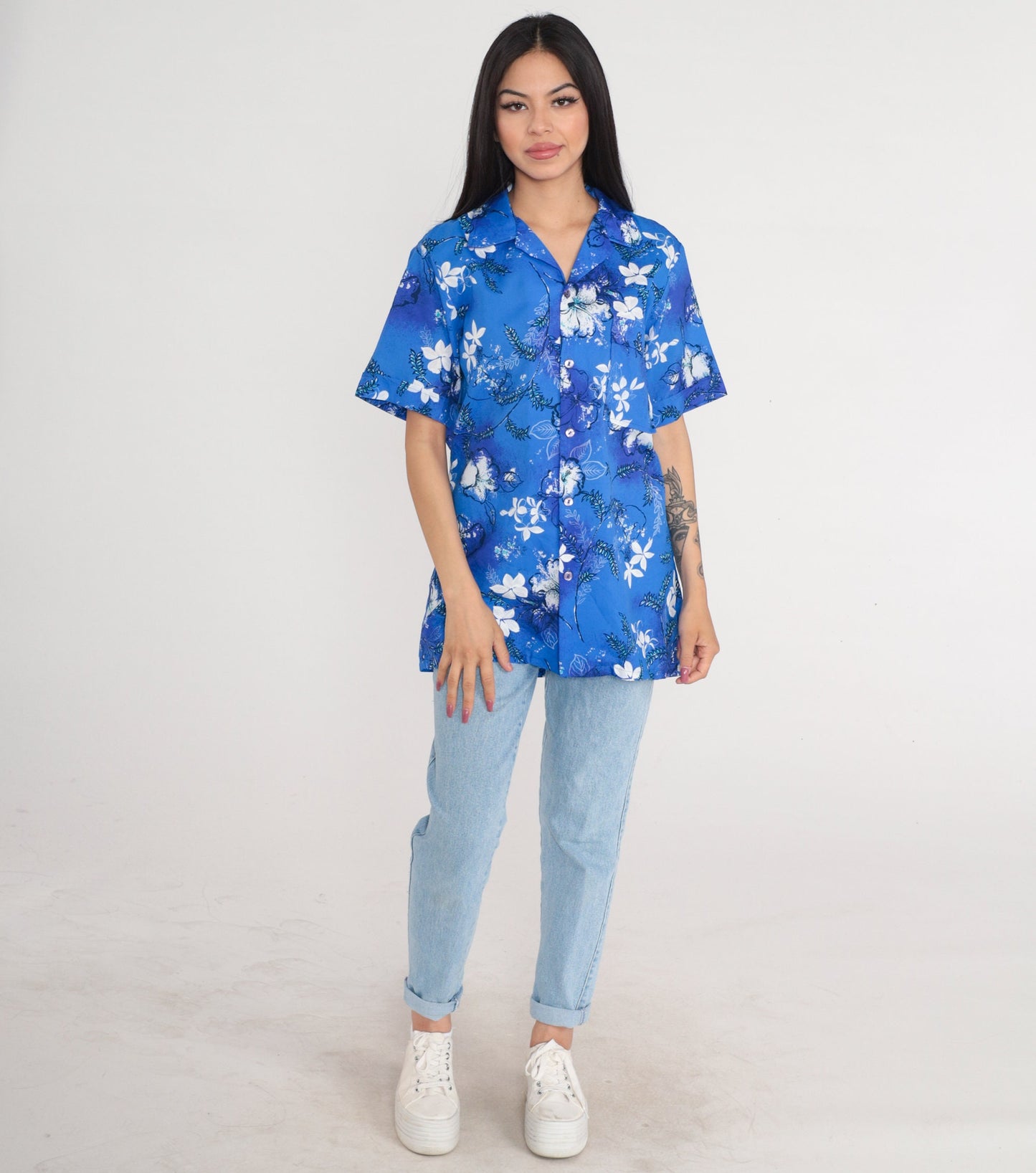 70s Hawaiian Shirt Blue Tropical Floral Button Up Short Sleeve Medium M