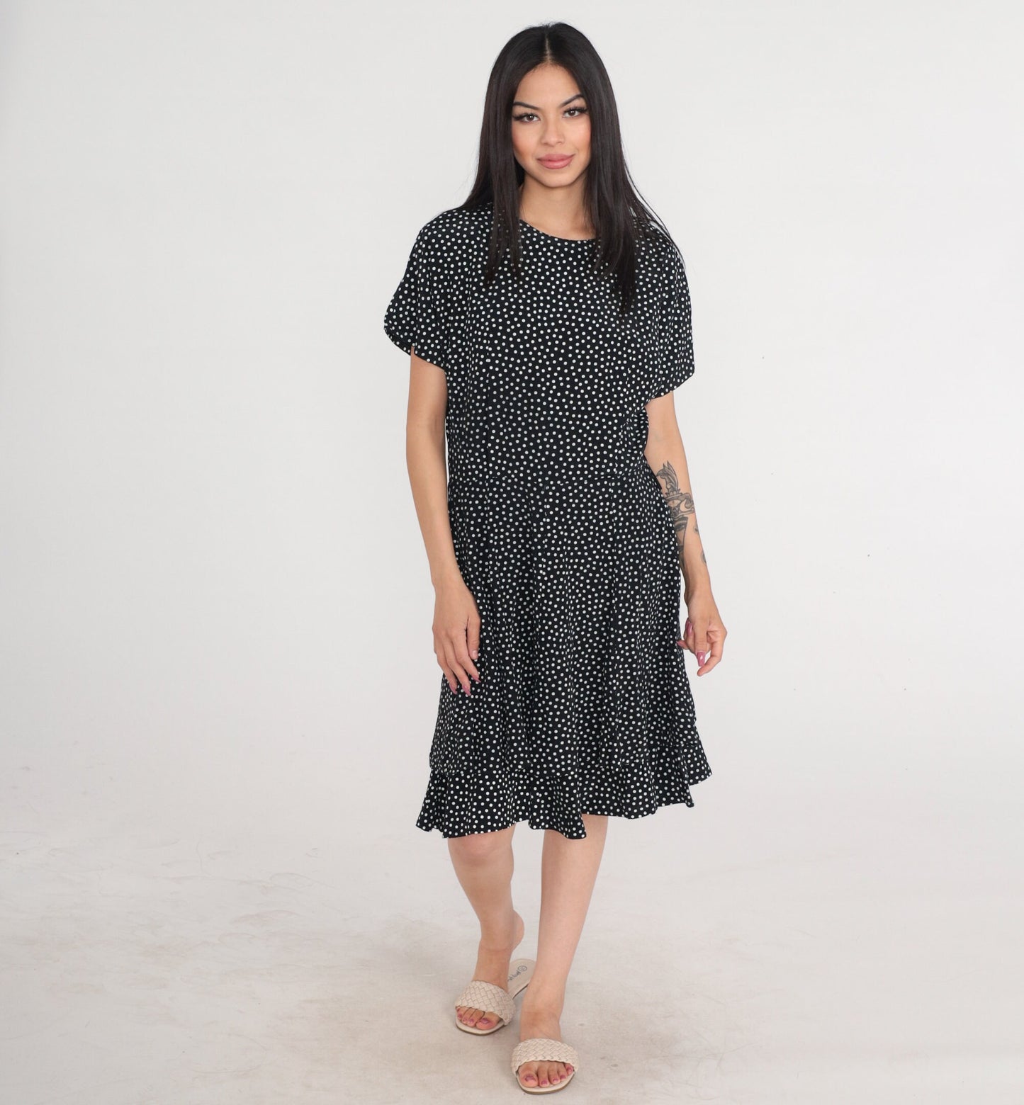 90s Black White Polka Dot Mini Dress High Waisted Skater Short Sleeve Medium