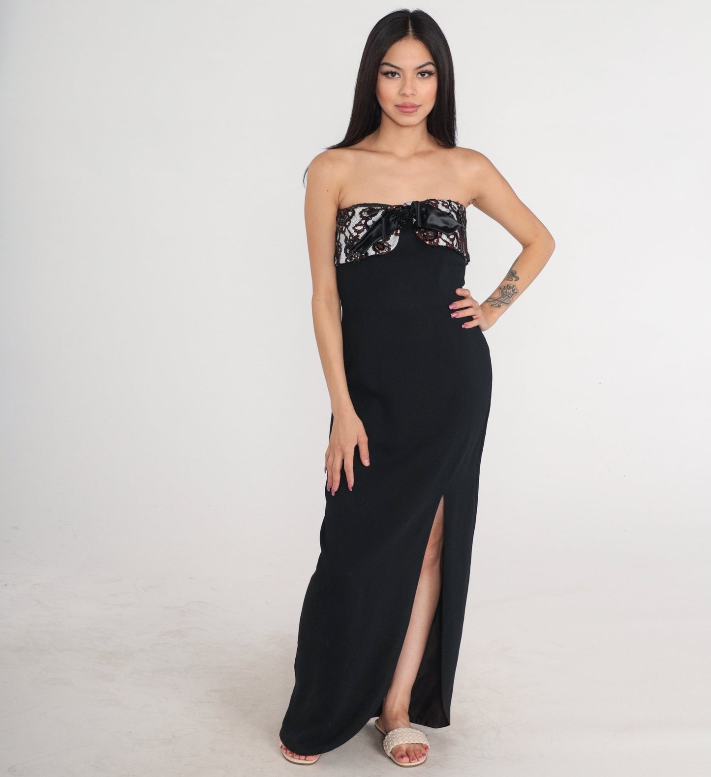 Y2K Black Strapless Maxi Dress Lace Bow Side Slit Formal Gown Small S