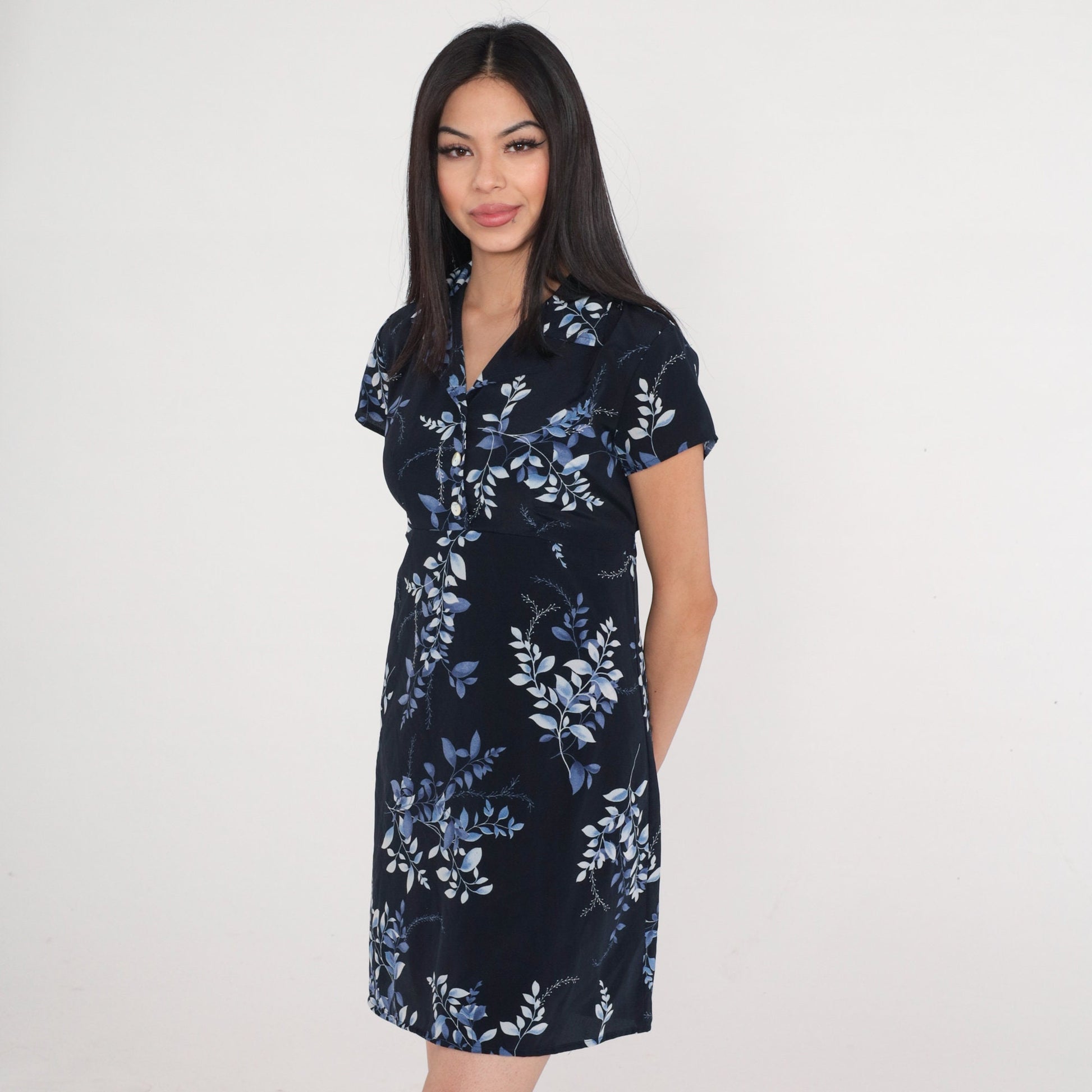 90s Jodi of California Navy Leaf Print Mini Dress Empire Waist Medium