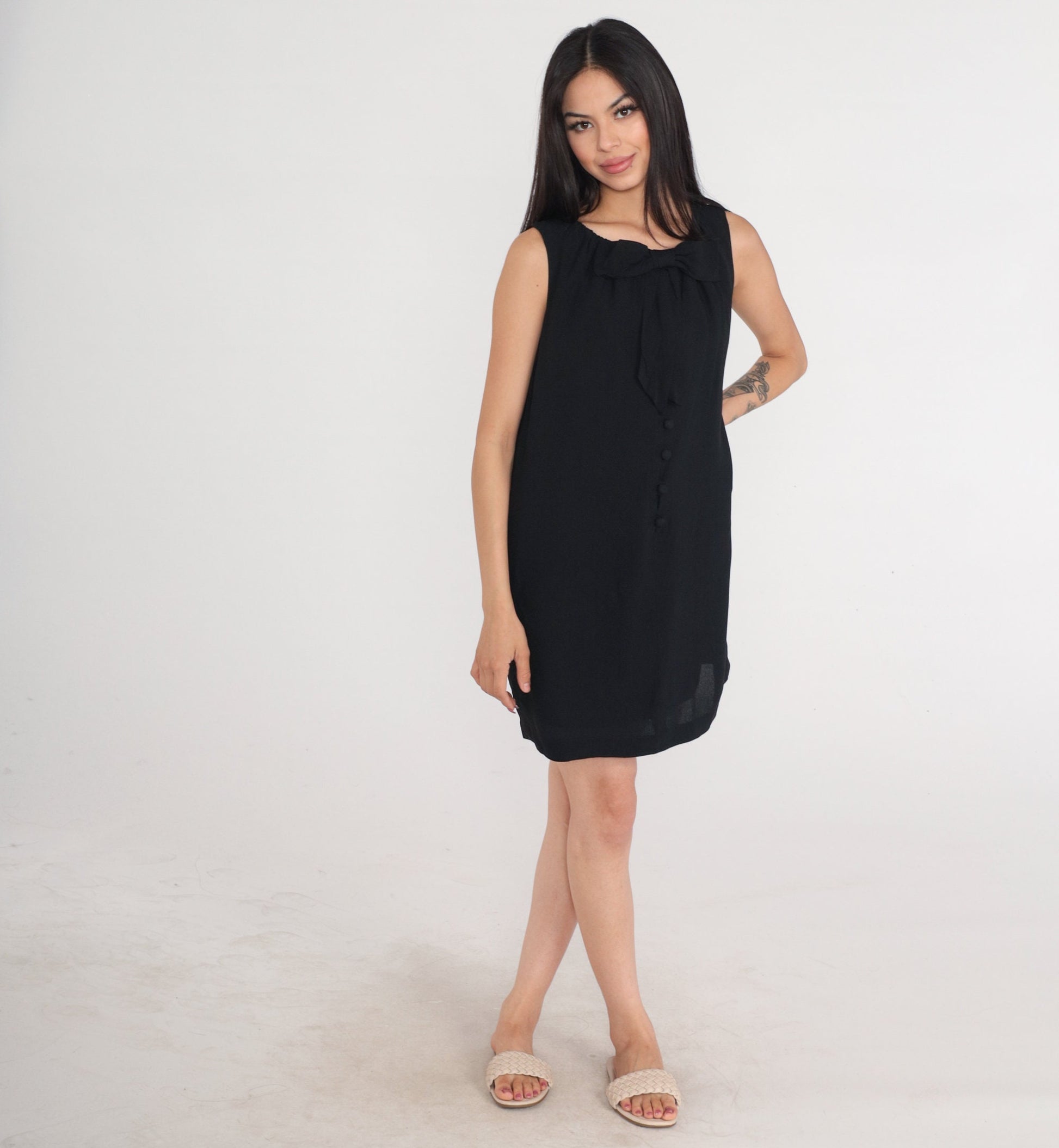 60s Black Shift Dress Bow Neckline Button Front Mini Medium M