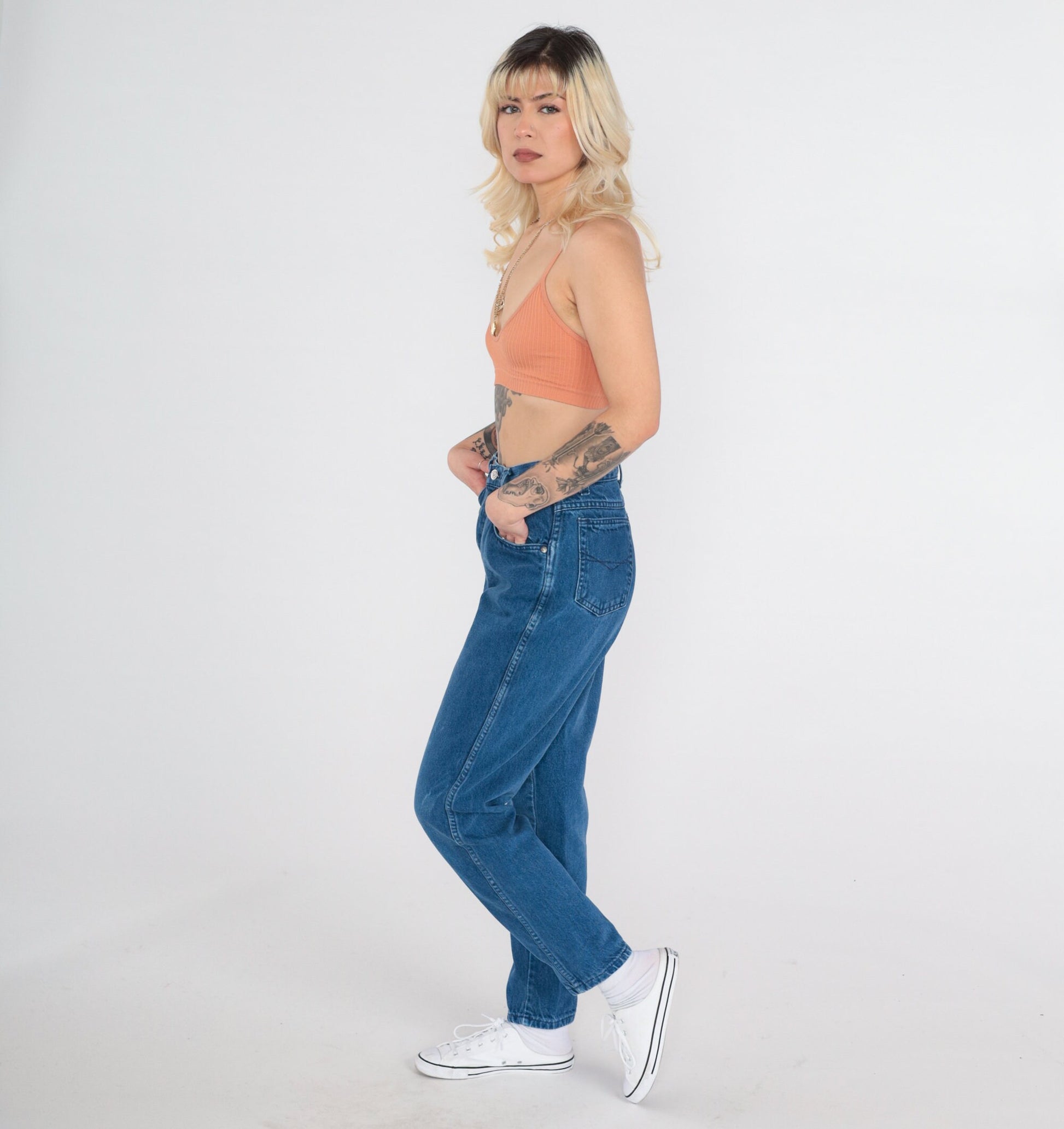 90s Bonjour Tapered Mom Jeans Dark Blue Denim Small