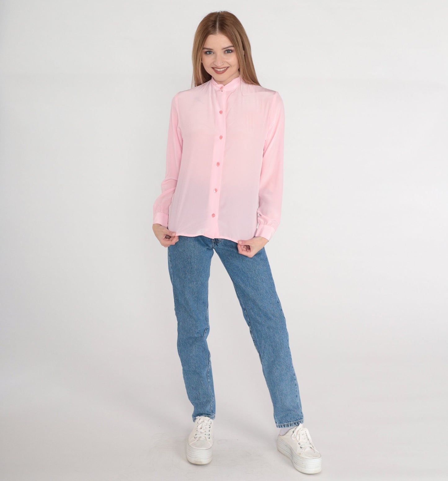 80s Pink Semi-Sheer Button-Up Blouse High Neck Long Sleeve Small