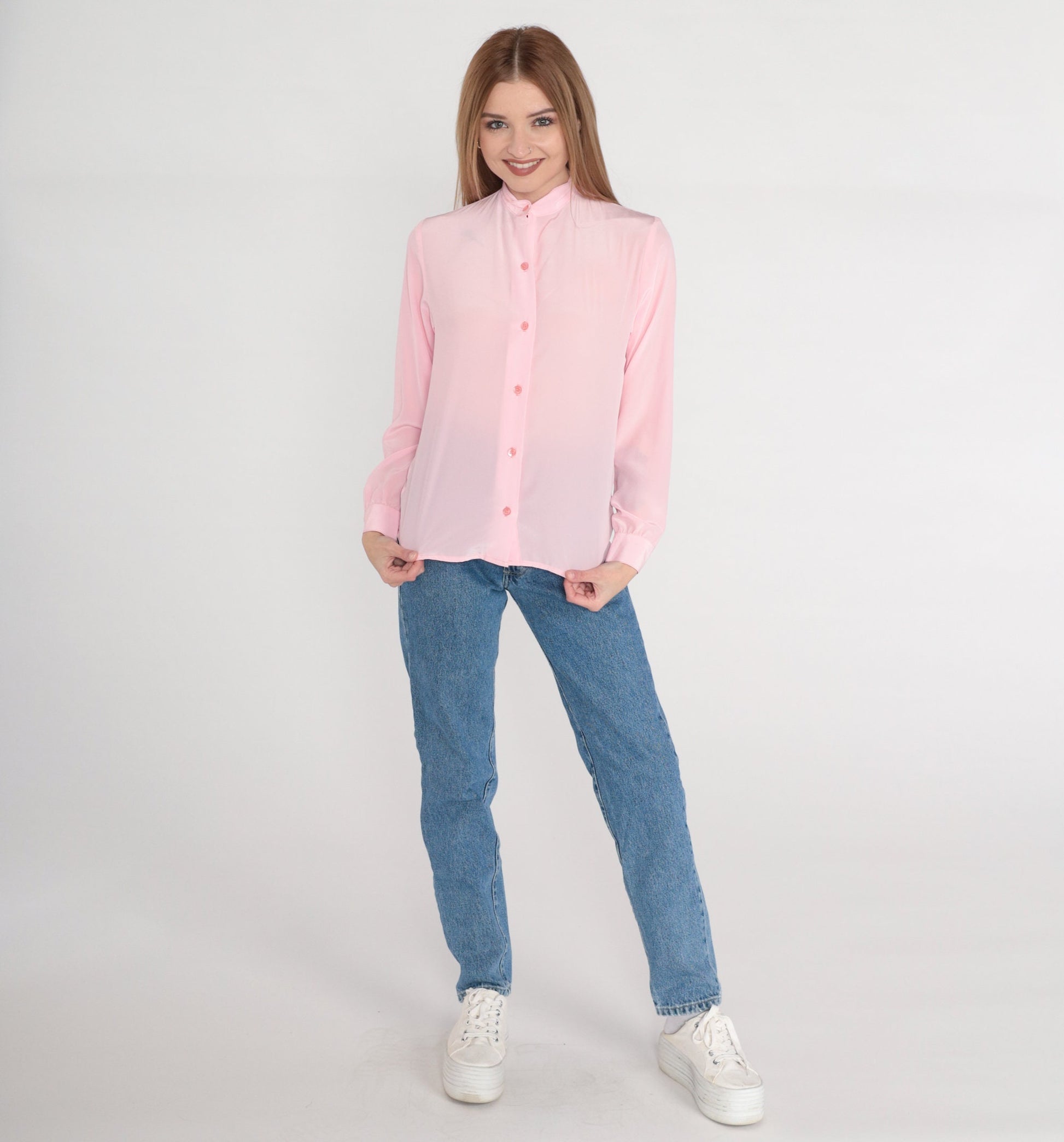 80s Pink Semi-Sheer Button-Up Blouse High Neck Long Sleeve Small