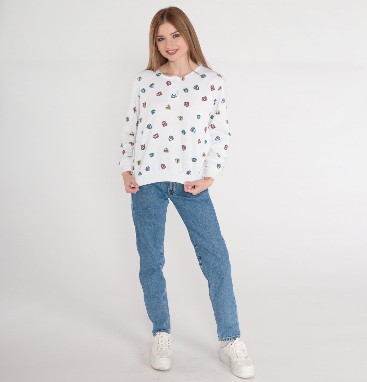 80s Crest Print Henley Sweatshirt White Snap Pullover Medium