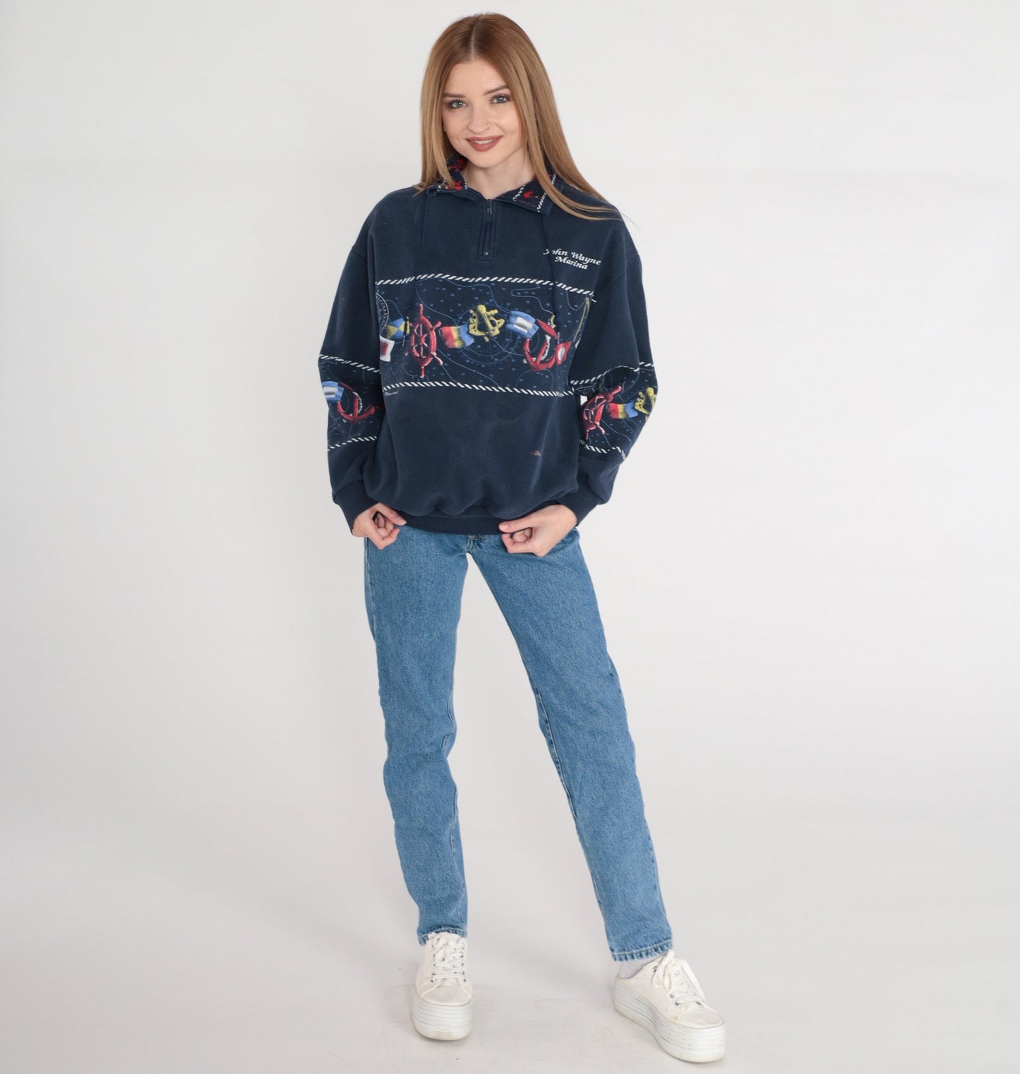 90s John Wayne Marina Celestial Quarter Zip Sweatshirt Navy Blue Medium M