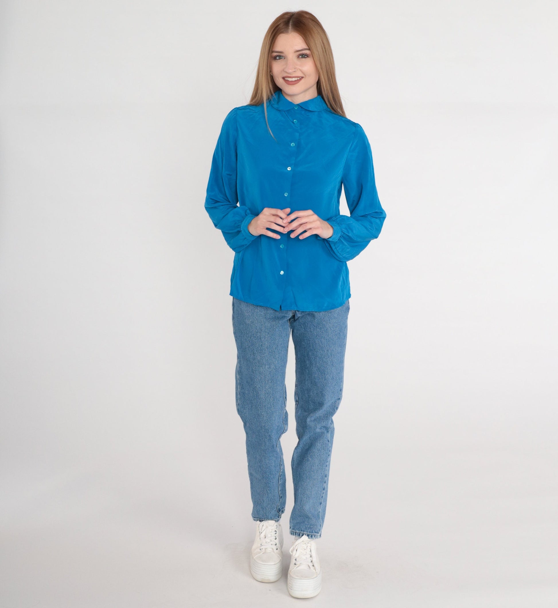 80s Blue Button-Up Blouse Peter Pan Collar Puff Sleeve Medium 8