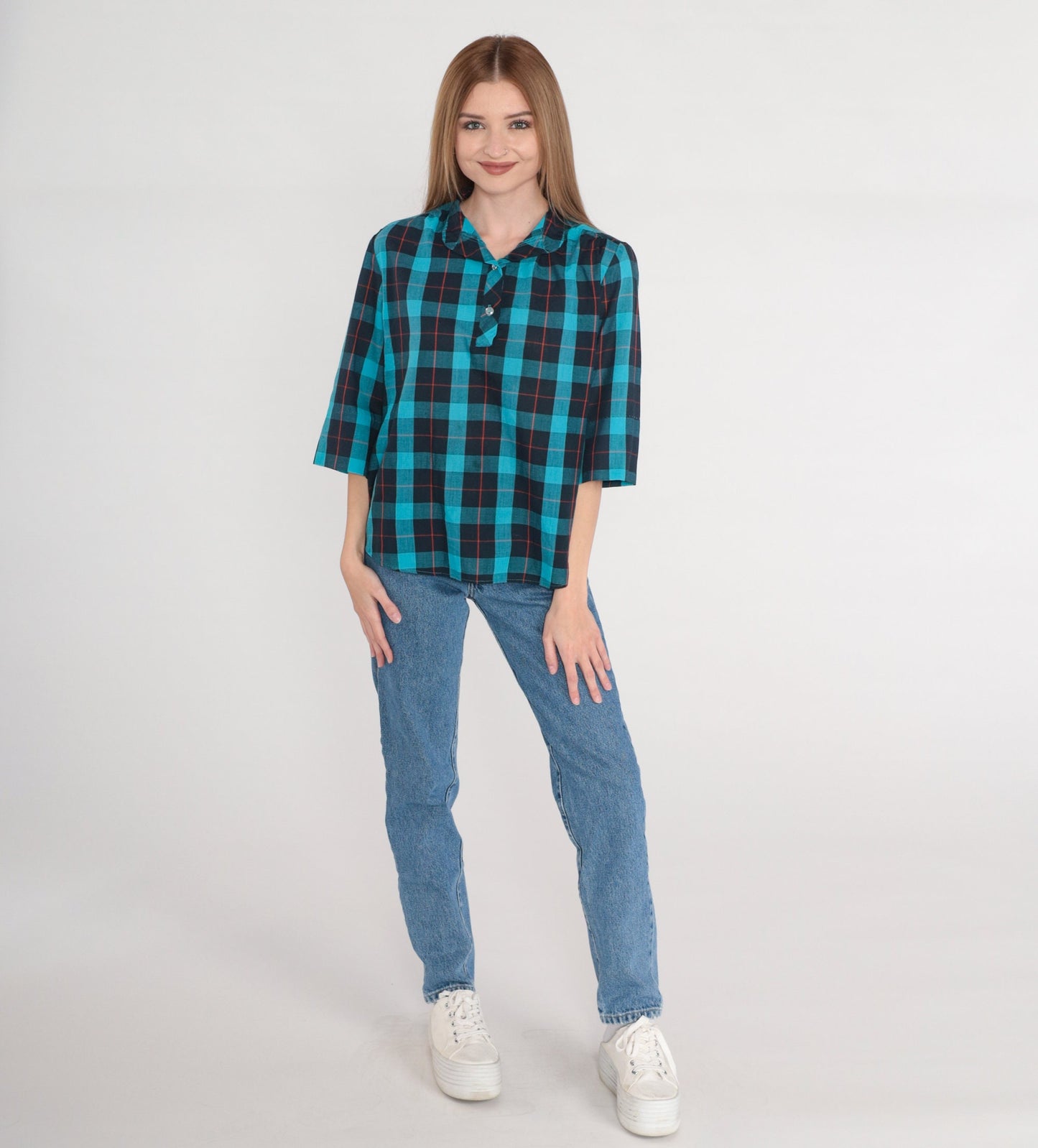 80s Turquoise Plaid Blouse Half-Button Puff Sleeve Shirt Medium M
