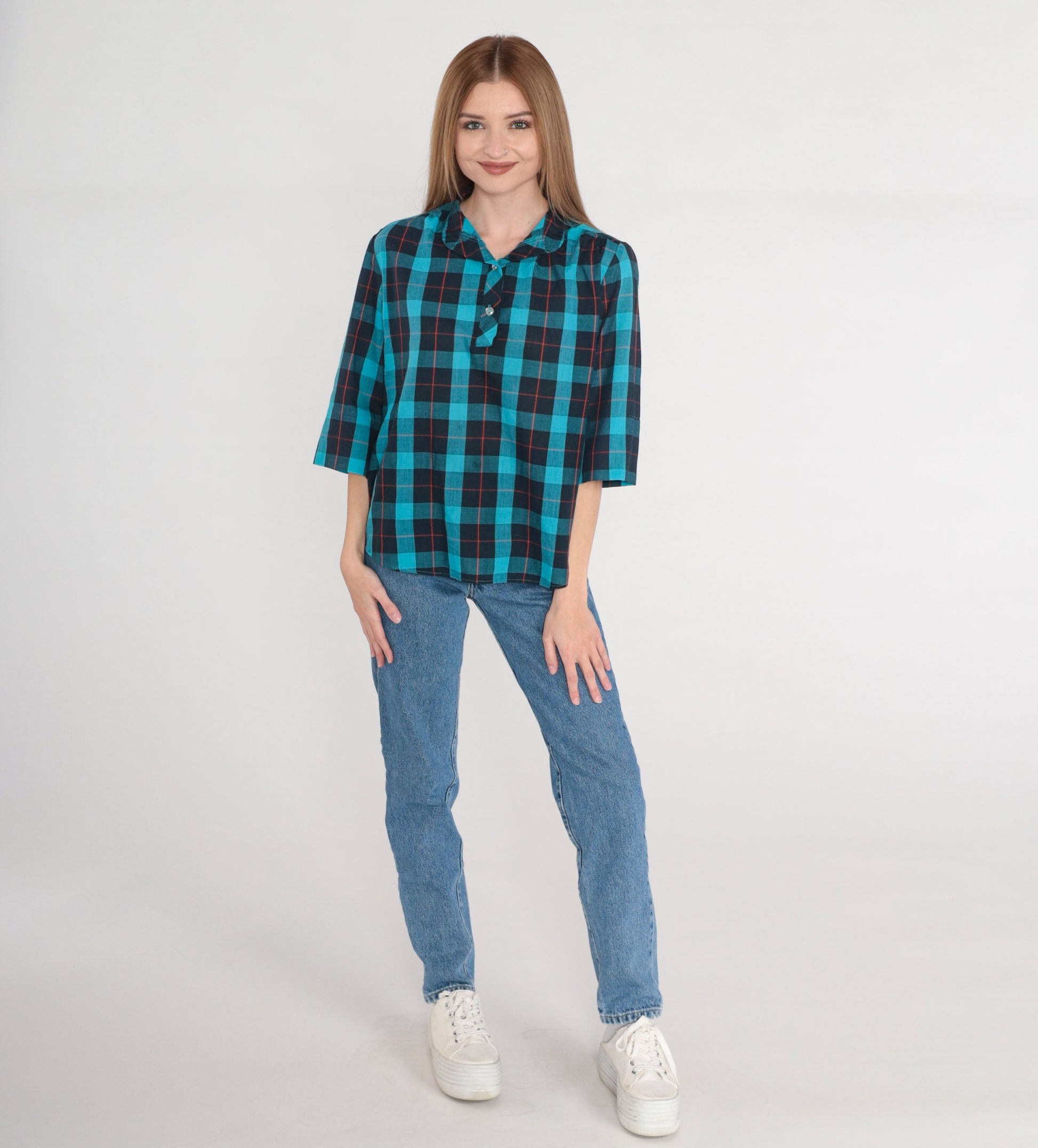 80s Turquoise Plaid Blouse Half-Button Puff Sleeve Shirt Medium M