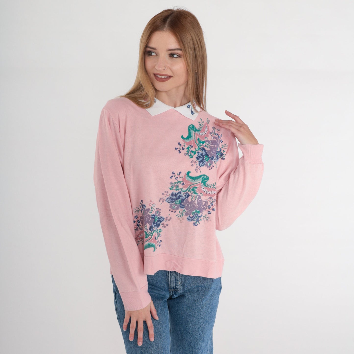 80s Pink Floral Collared Sweatshirt Flower Print Crewneck Small S