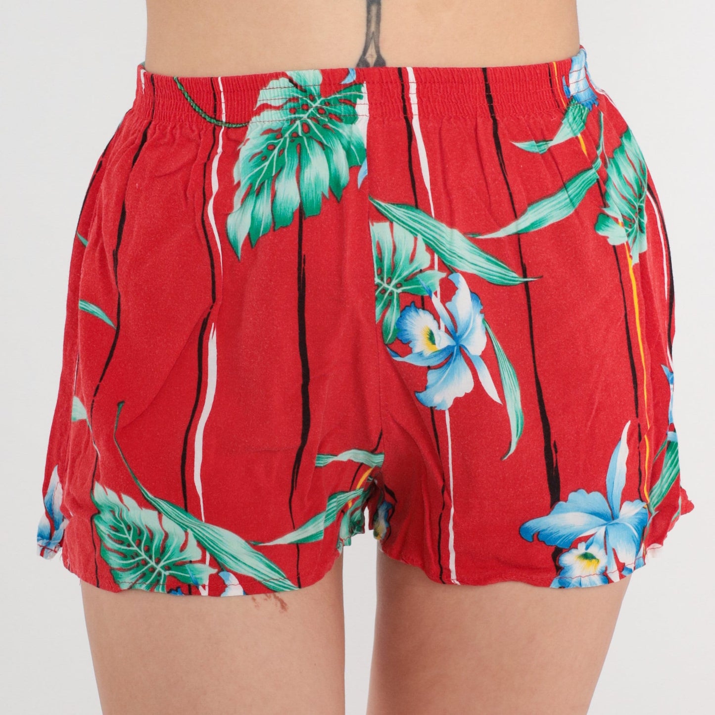 80s Tropical Floral High-Waist Shorts Red Cotton Jungle Print XS