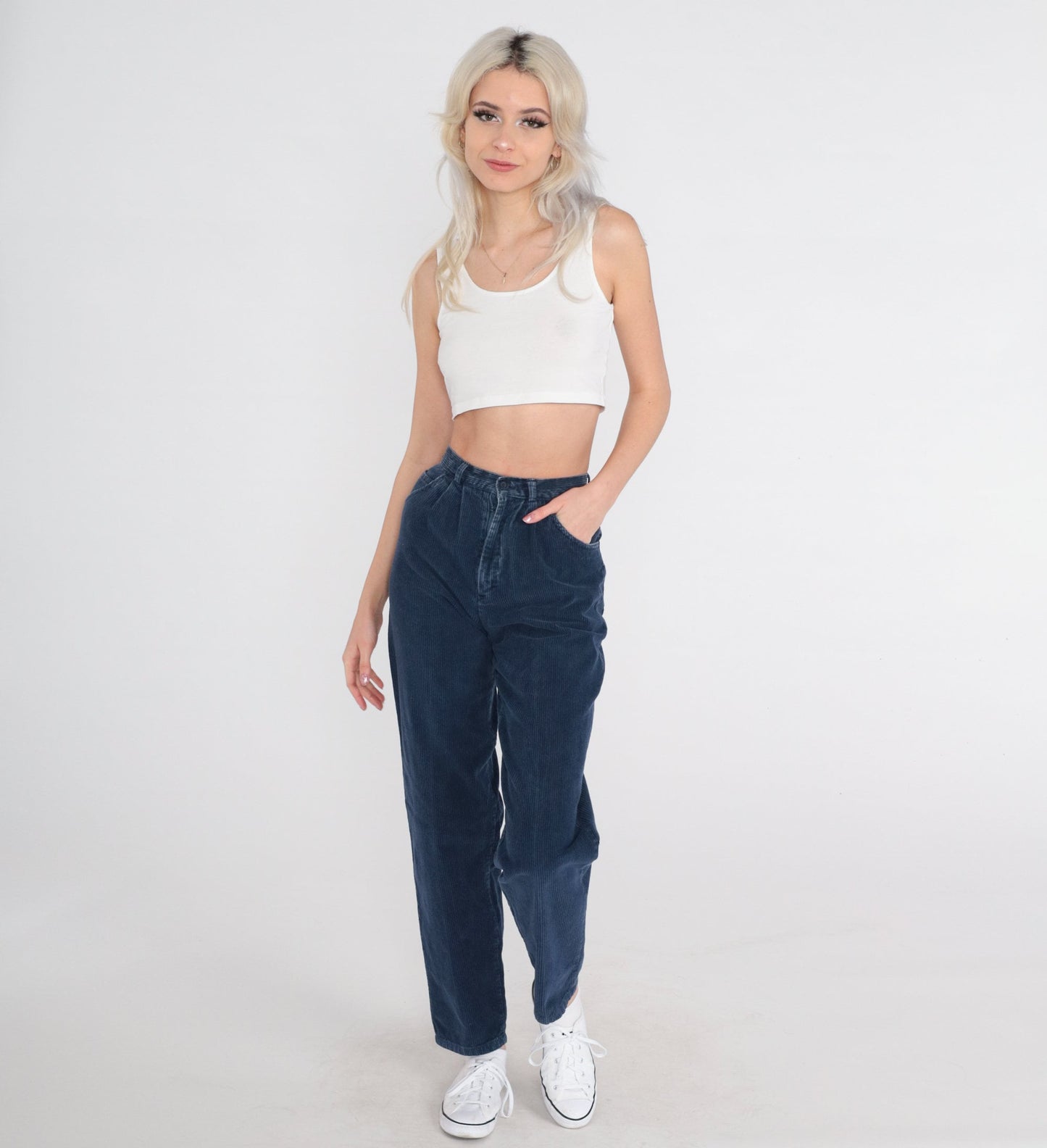 80s Navy Corduroy Pants High Waist Tapered Pleated Trousers XXS