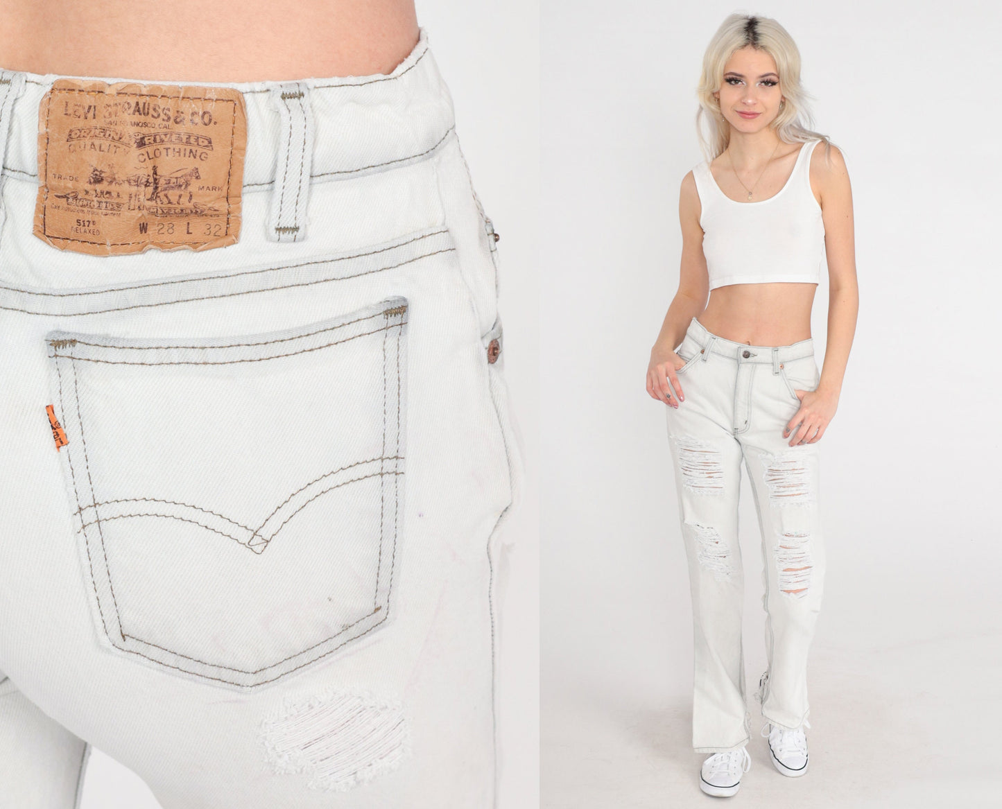 00s Levi's 517 Bootcut Jeans Light Grey Distressed Ripped Denim Small 28