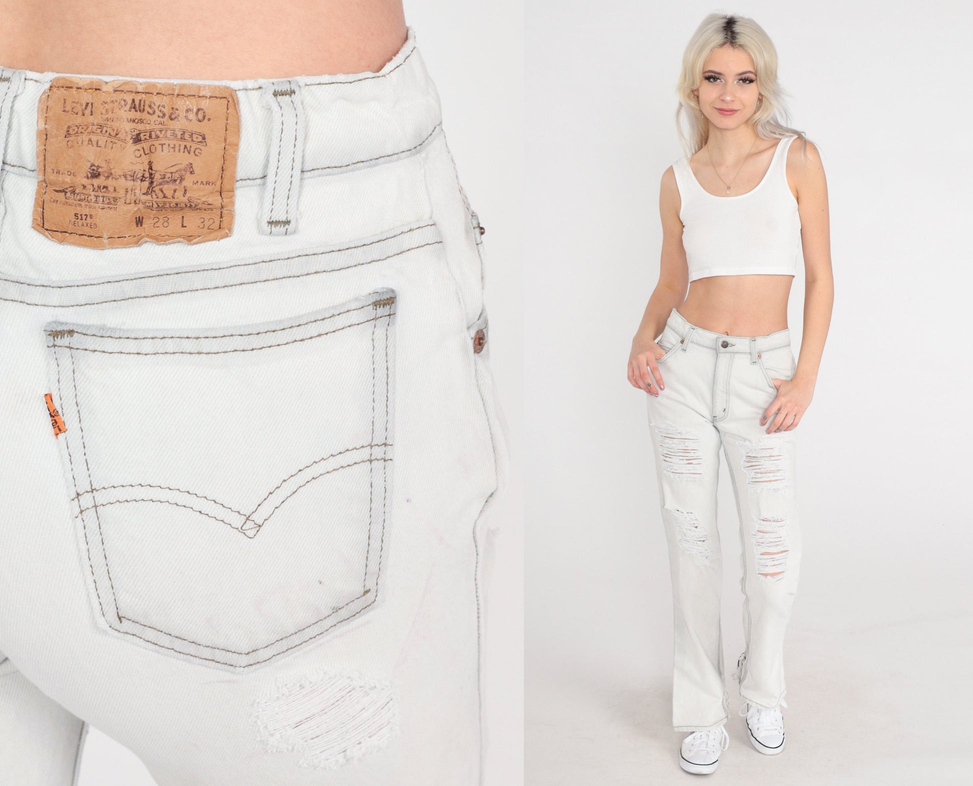 00s Levi's 517 Bootcut Jeans Light Grey Distressed Ripped Denim Small 28