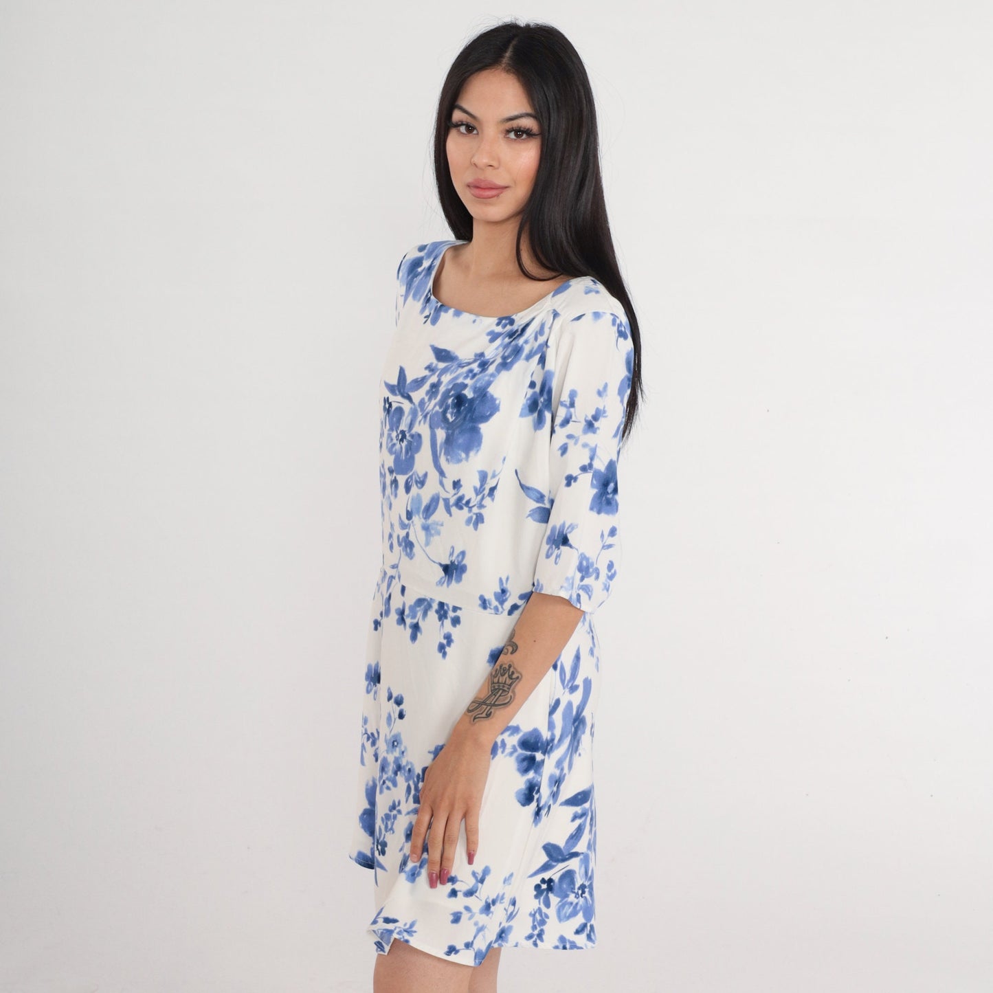 00s White Blue Floral Mini Dress High Waist A-Line Short Sleeve Large