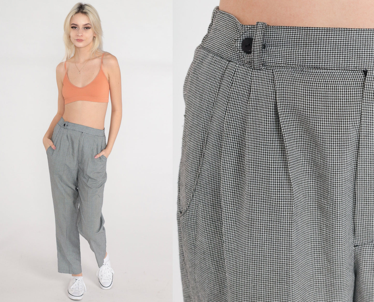 80s Checkered High-Waisted Tapered Trousers Pleated Plaid Pants Small