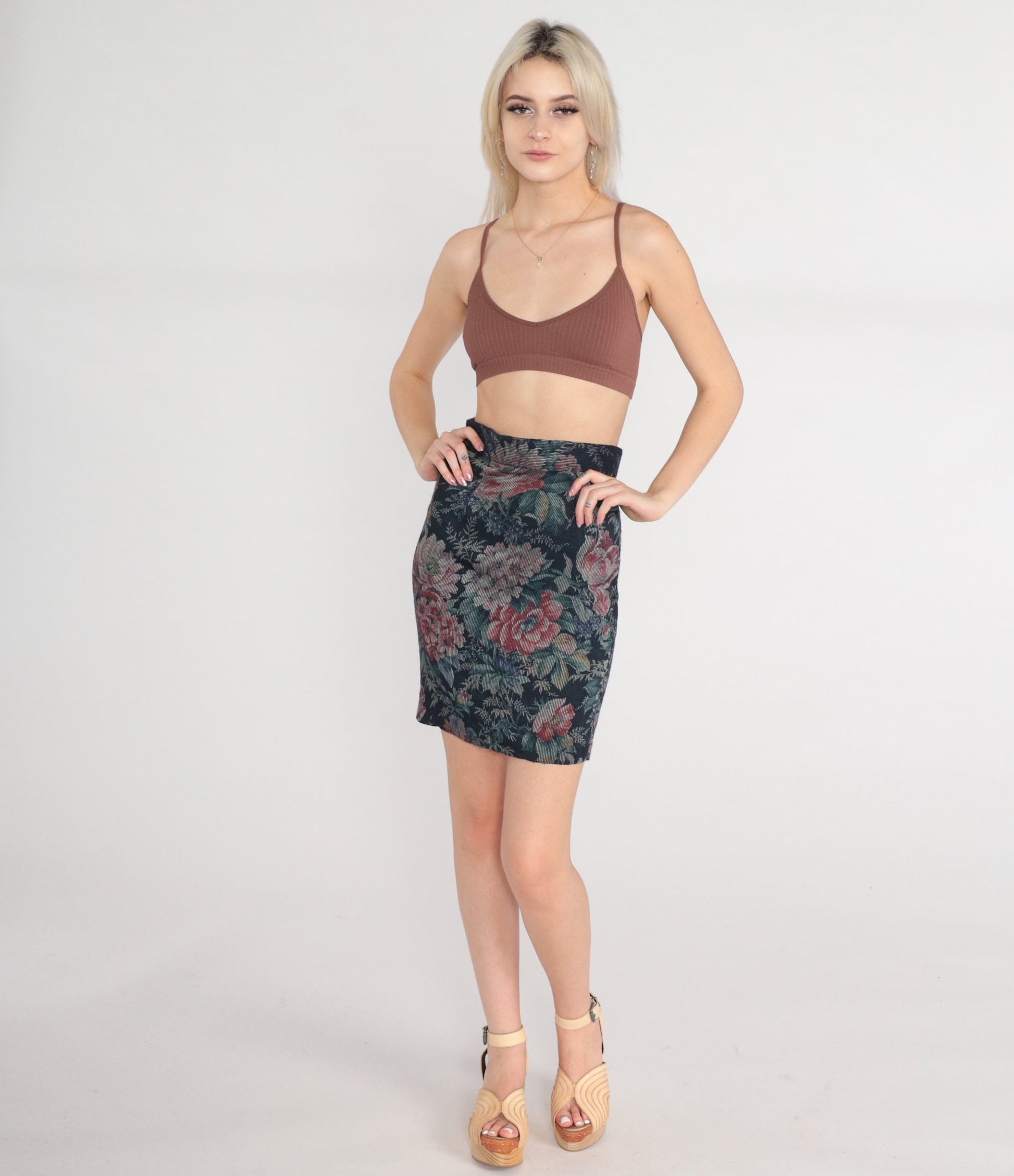 80s Byer of California Navy Floral Corduroy Mini Skirt High Waisted Pencil Extra Small