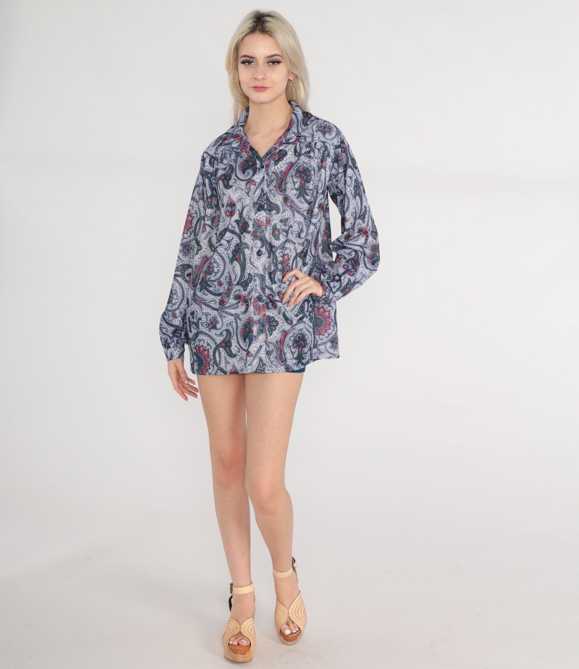 70s Indian Floral Print Button-Up Blouse Long Sleeve Pleated Yoke Medium