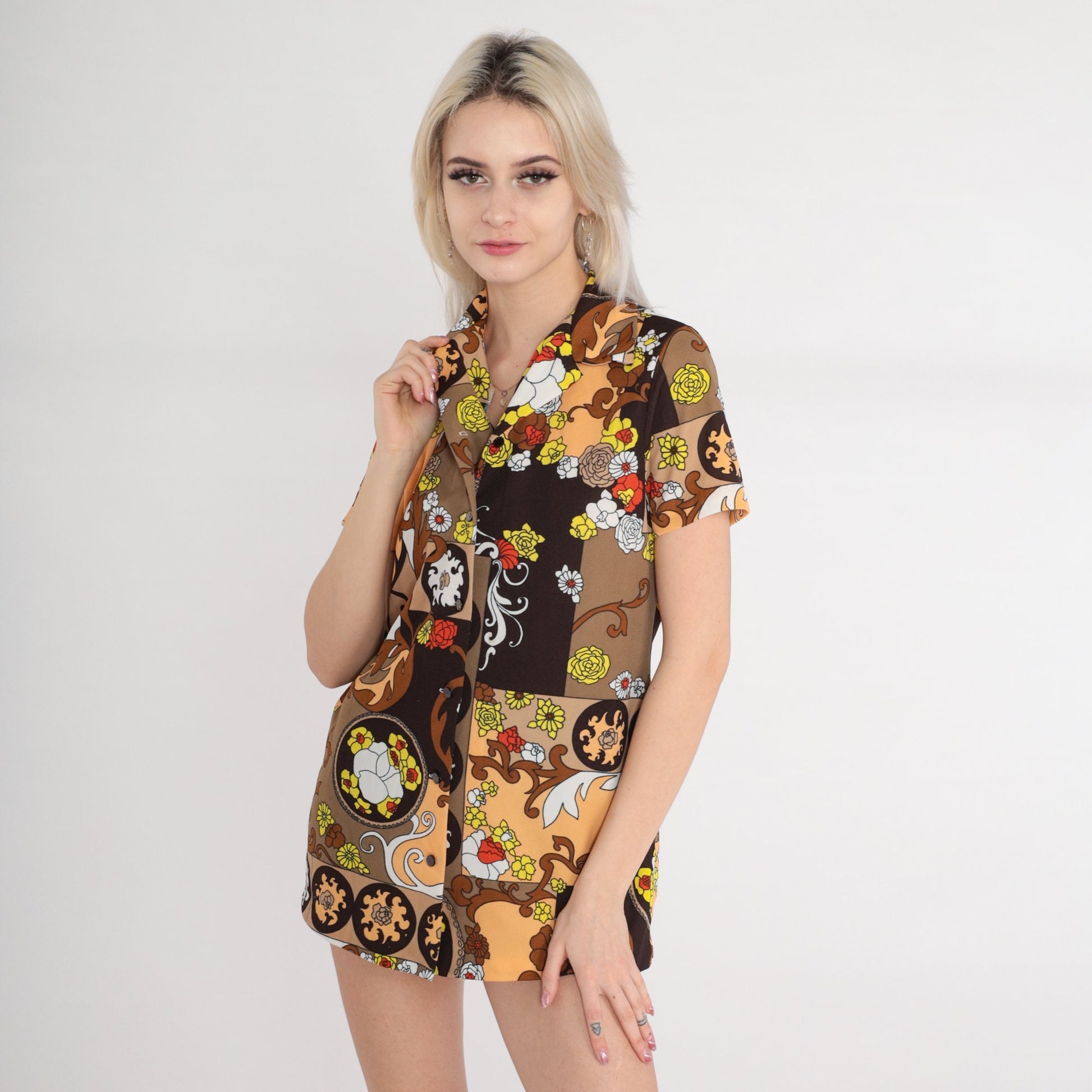 70s Floral Print Button-Up Shirt Brown Tonal Collar Short Sleeve Small