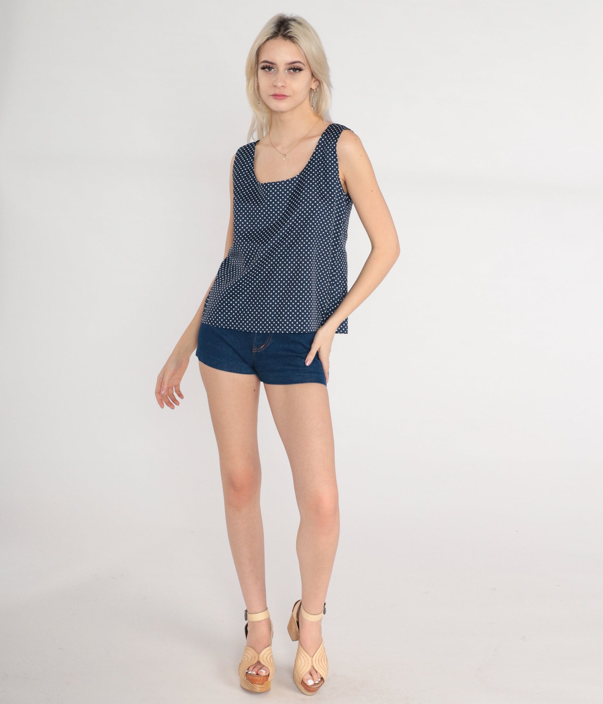 70s Navy Polka Dot Tank Top White Sleeveless Blouse Button Back Small