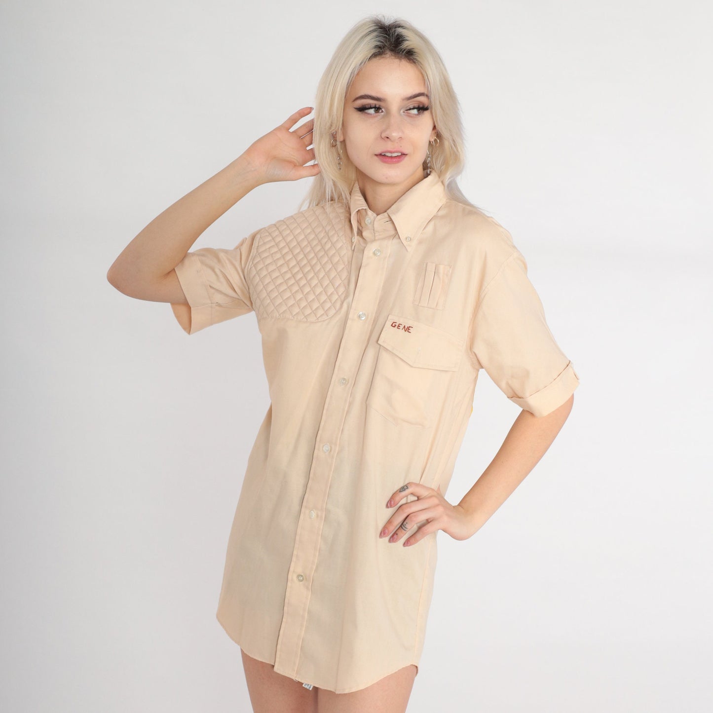 70s Gotcha Trap Team Hunting Shirt Beige Quilted Button Up Medium